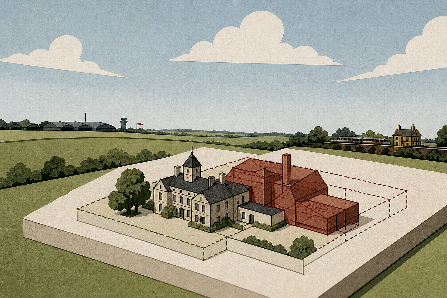Cut-paper illustration of an imaginary building scale and Green Belt openness planning issue in Havering, with simplified local landmarks.