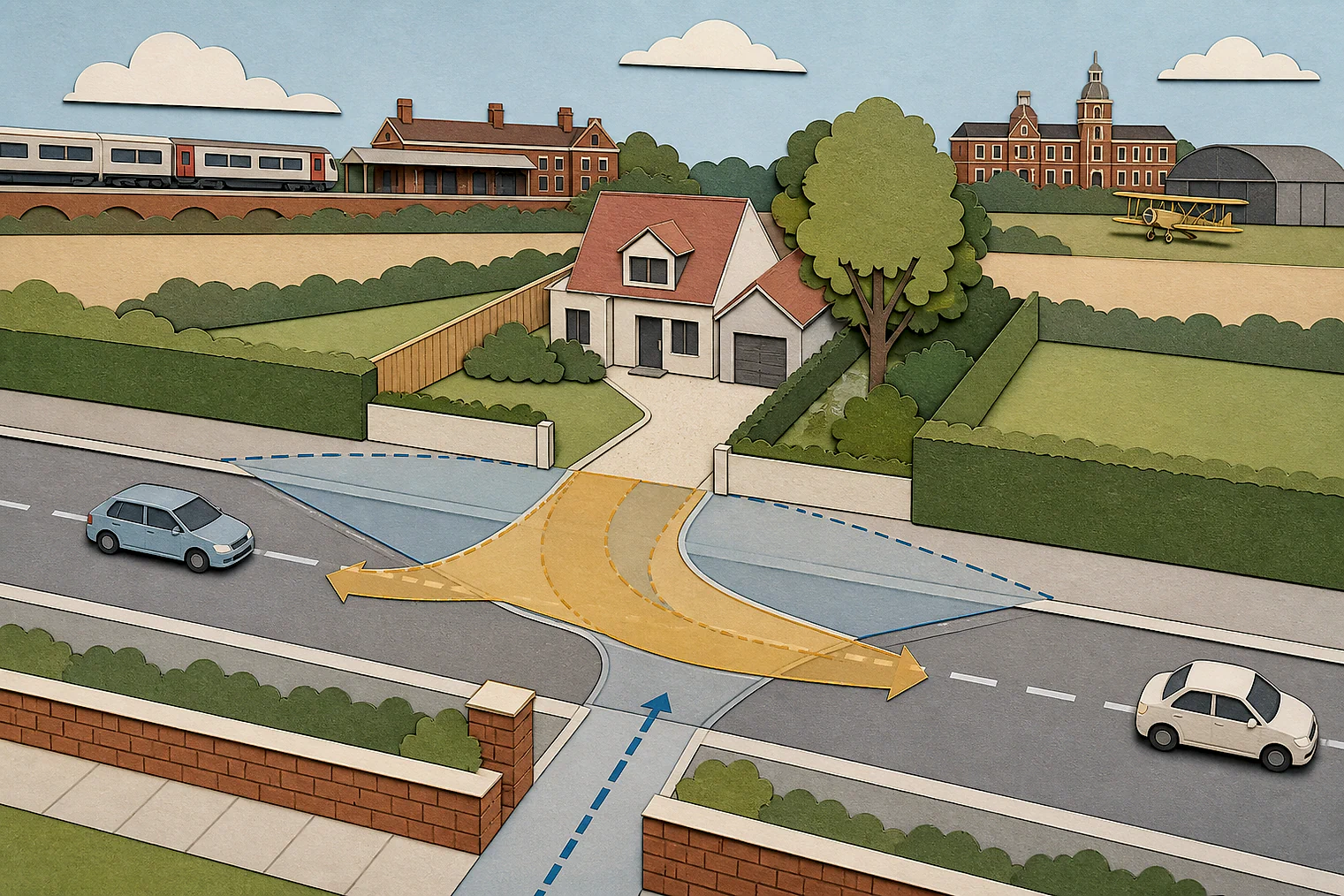 Cut-paper illustration of an imaginary access, visibility and highway safety planning issue in Havering, with simplified local landmarks.