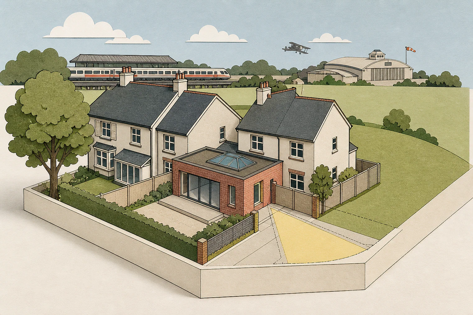 Cut-paper planning illustration for Havering, showing extensions, neighbours, access and open land near simplified local landmarks.