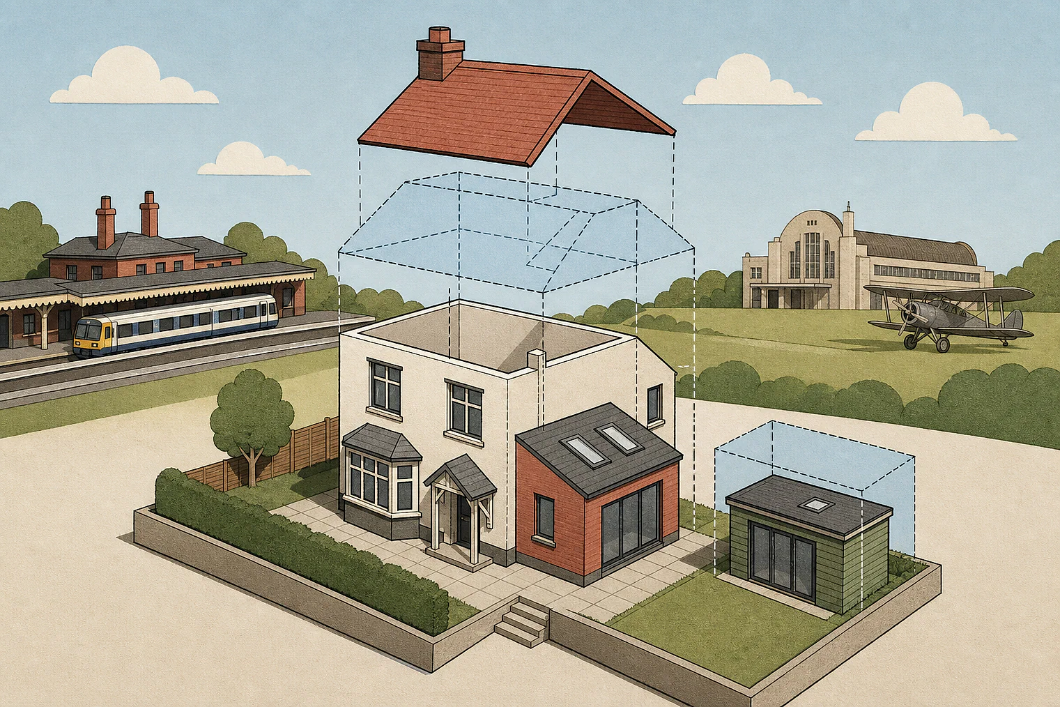Cut-paper illustration of an imaginary permitted development dimensions and building relationships planning issue in Havering, with simplified local landmarks.
