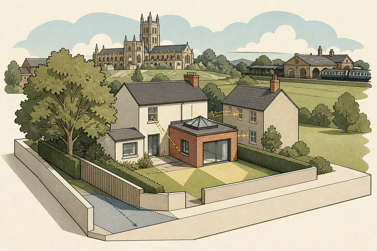 Cut-paper planning illustration for Herefordshire, showing extensions, neighbours, access and open land near simplified local landmarks.