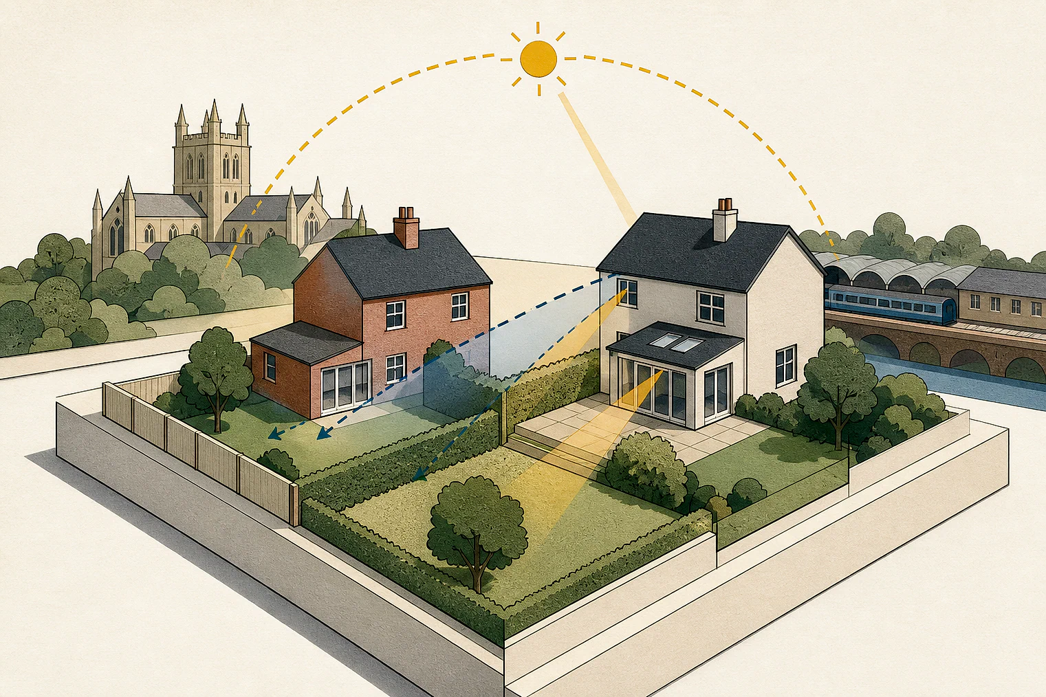 Cut-paper illustration of an imaginary privacy, daylight and neighbour living conditions planning issue in Herefordshire, with simplified local landmarks.