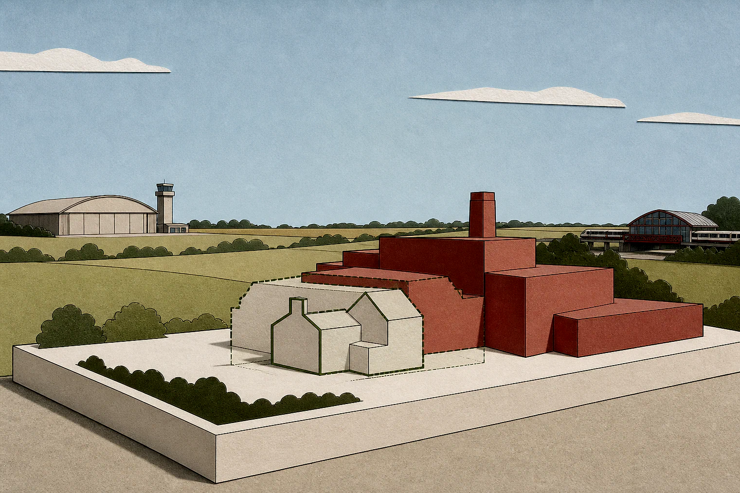 Cut-paper illustration of an imaginary building scale and Green Belt openness planning issue in Hertsmere, with simplified local landmarks.