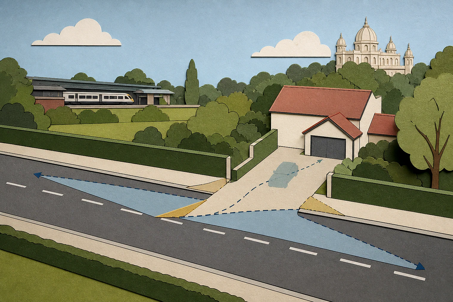 Cut-paper illustration of an imaginary access, visibility and highway safety planning issue in Hertsmere, with simplified local landmarks.