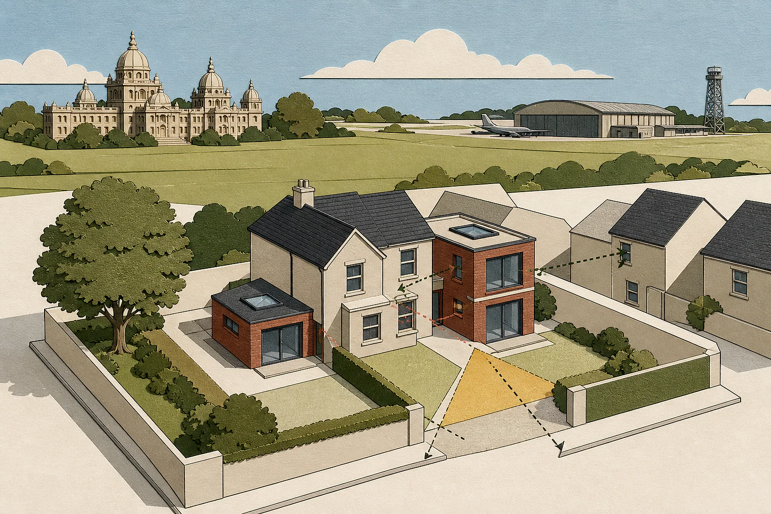 Cut-paper planning illustration for Hertsmere, showing extensions, neighbours, access and open land near simplified local landmarks.