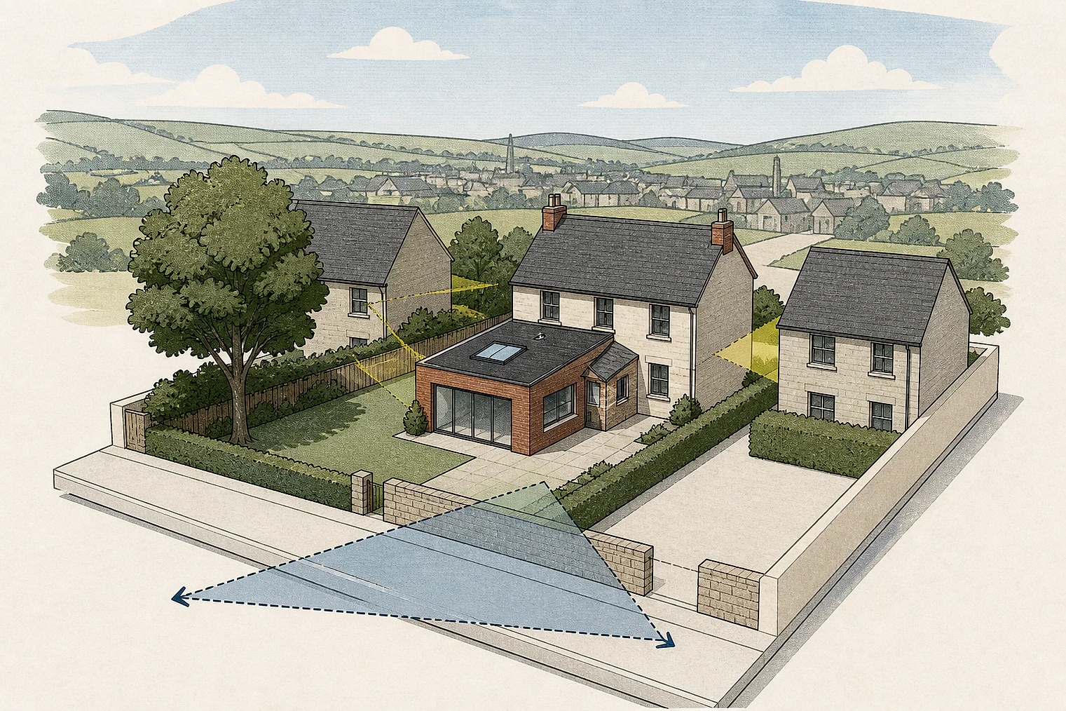 Cut-paper planning illustration for High Peak, showing extensions, neighbours, access and open land.