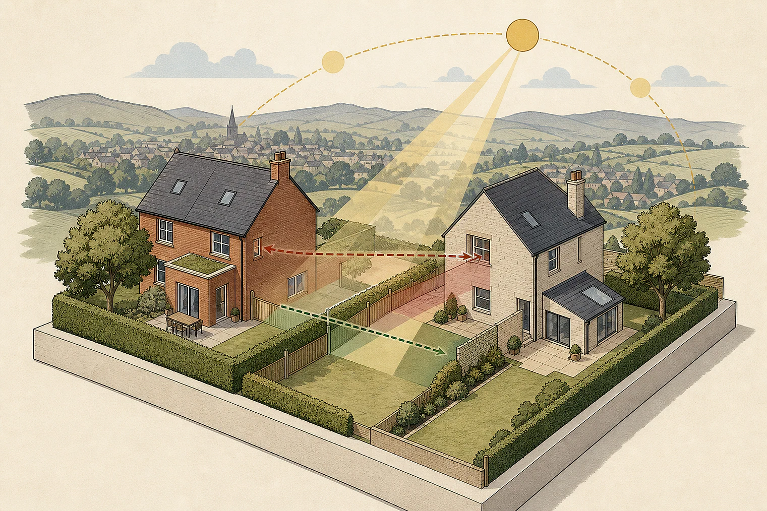 Cut-paper illustration of an imaginary privacy, daylight and neighbour living conditions planning issue in High Peak.