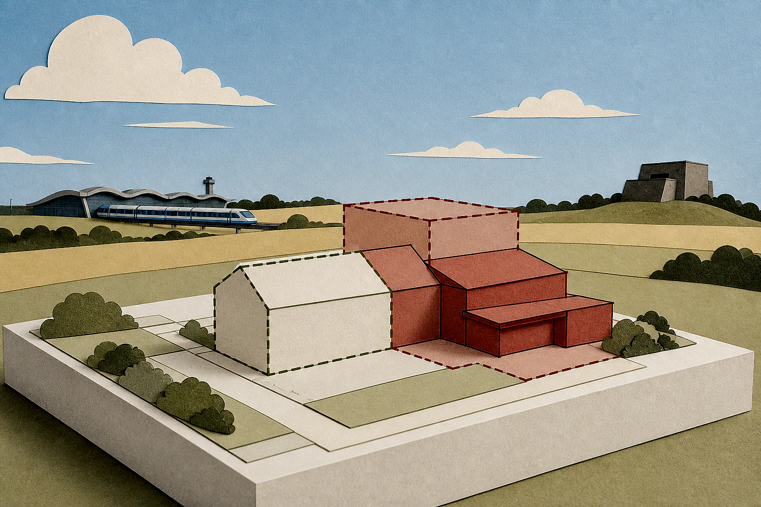 Cut-paper illustration of an imaginary building scale and Green Belt openness planning issue in Hillingdon, with simplified local landmarks.