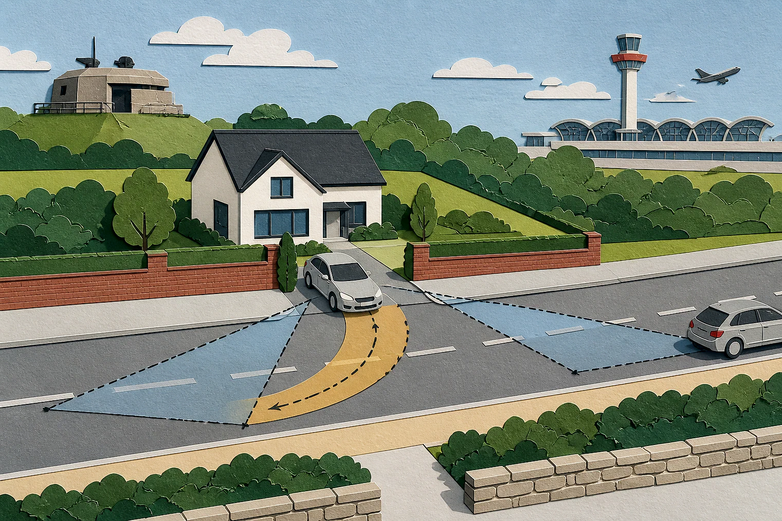 Cut-paper illustration of an imaginary access, visibility and highway safety planning issue in Hillingdon, with simplified local landmarks.