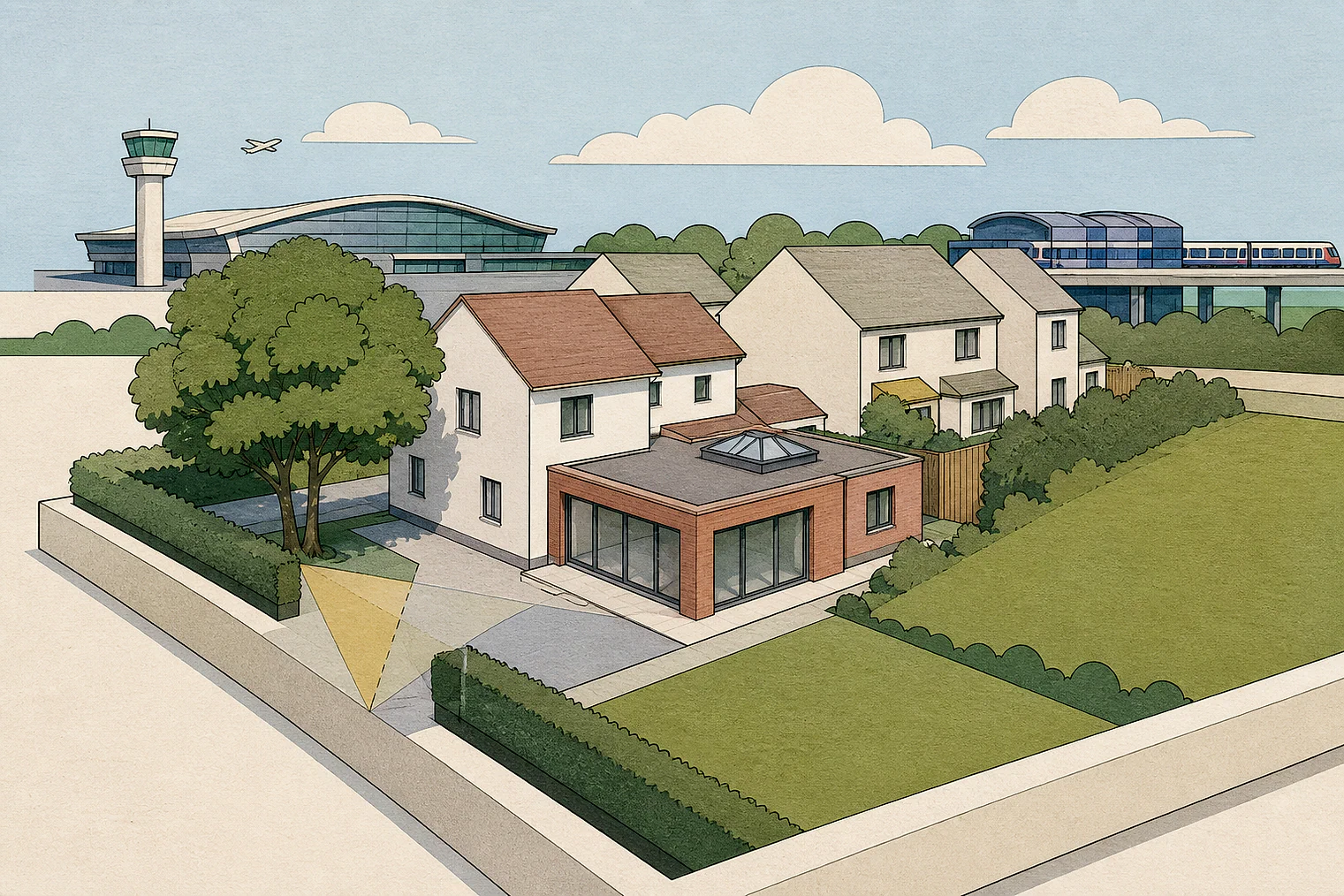 Cut-paper planning illustration for Hillingdon, showing extensions, neighbours, access and open land near simplified local landmarks.
