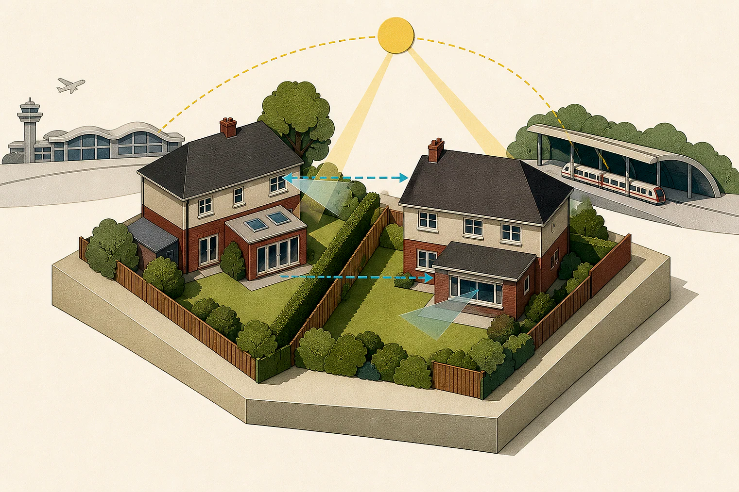 Cut-paper illustration of an imaginary privacy, daylight and neighbour living conditions planning issue in Hillingdon, with simplified local landmarks.