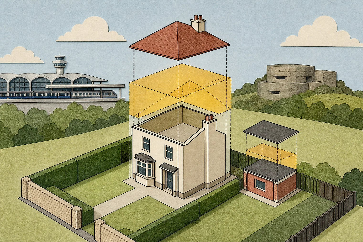 Cut-paper illustration of an imaginary permitted development dimensions and building relationships planning issue in Hillingdon, with simplified local landmarks.