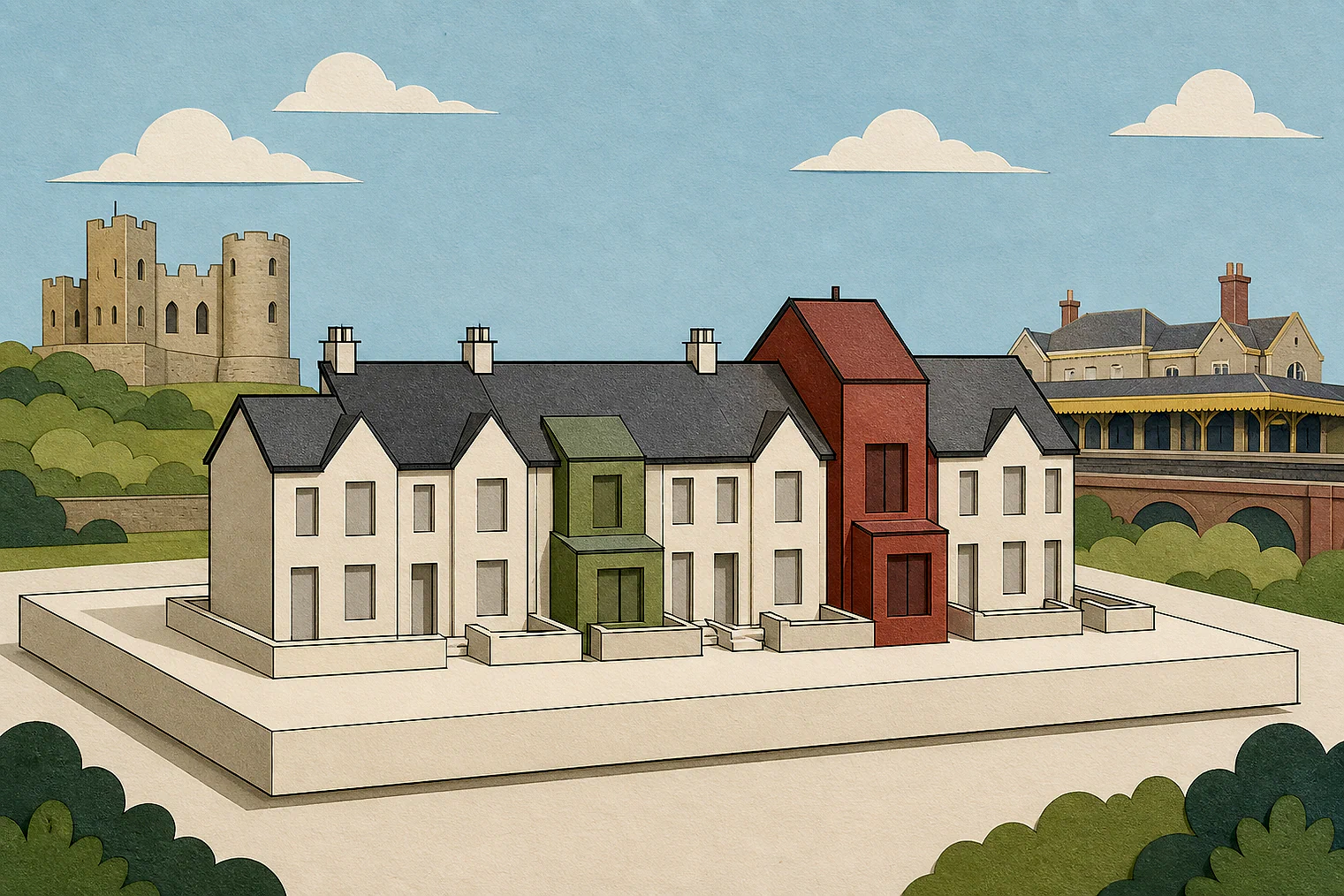 Cut-paper illustration of an imaginary character, scale and appearance planning issue in Hinckley and Bosworth, with simplified local landmarks.
