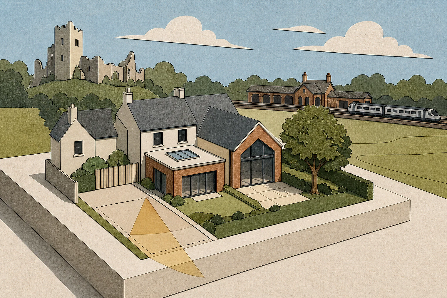Cut-paper planning illustration for Hinckley and Bosworth, showing extensions, neighbours, access and open land near simplified local landmarks.