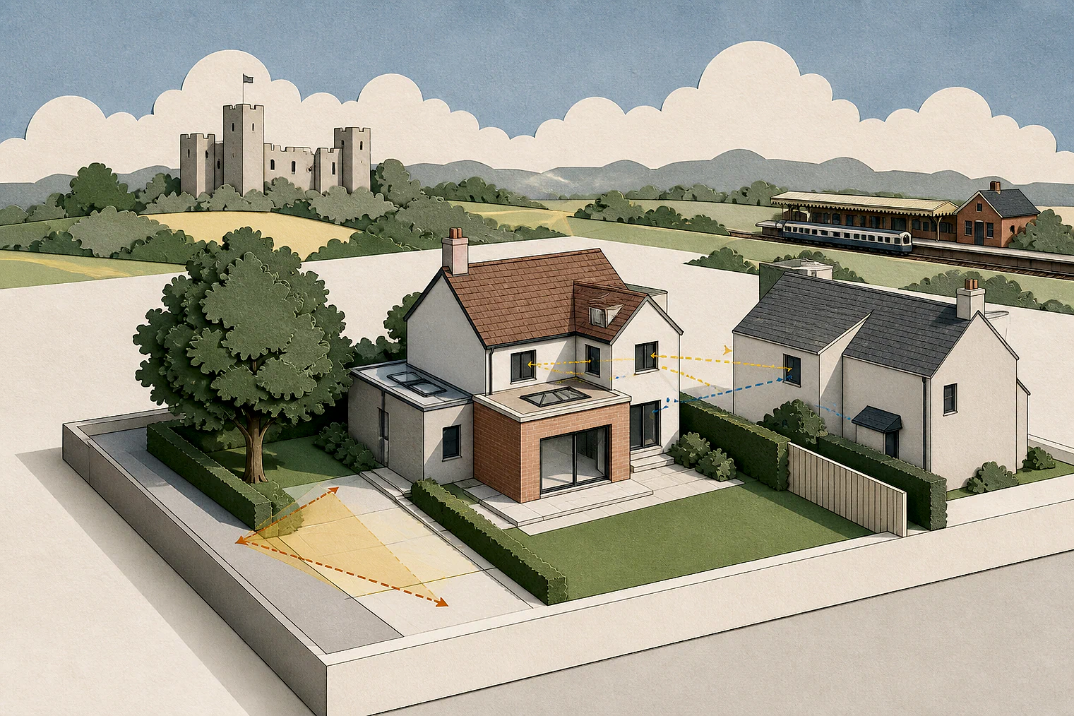 Cut-paper planning illustration for Horsham, showing extensions, neighbours, access and open land near simplified local landmarks.