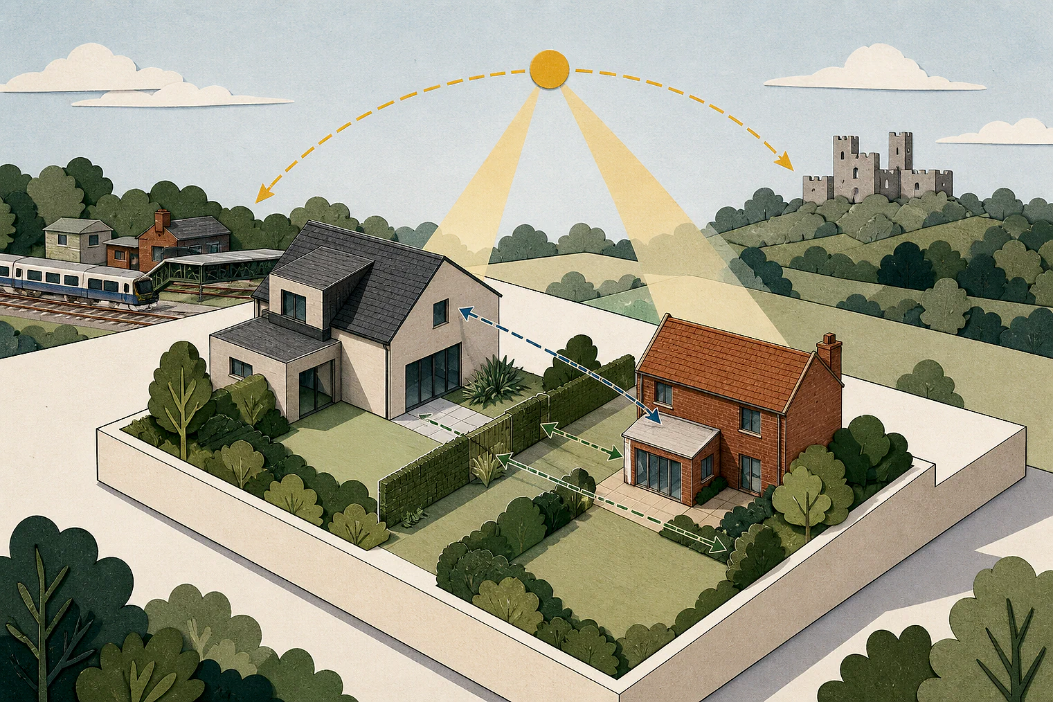 Cut-paper illustration of an imaginary privacy, daylight and neighbour living conditions planning issue in Horsham, with simplified local landmarks.