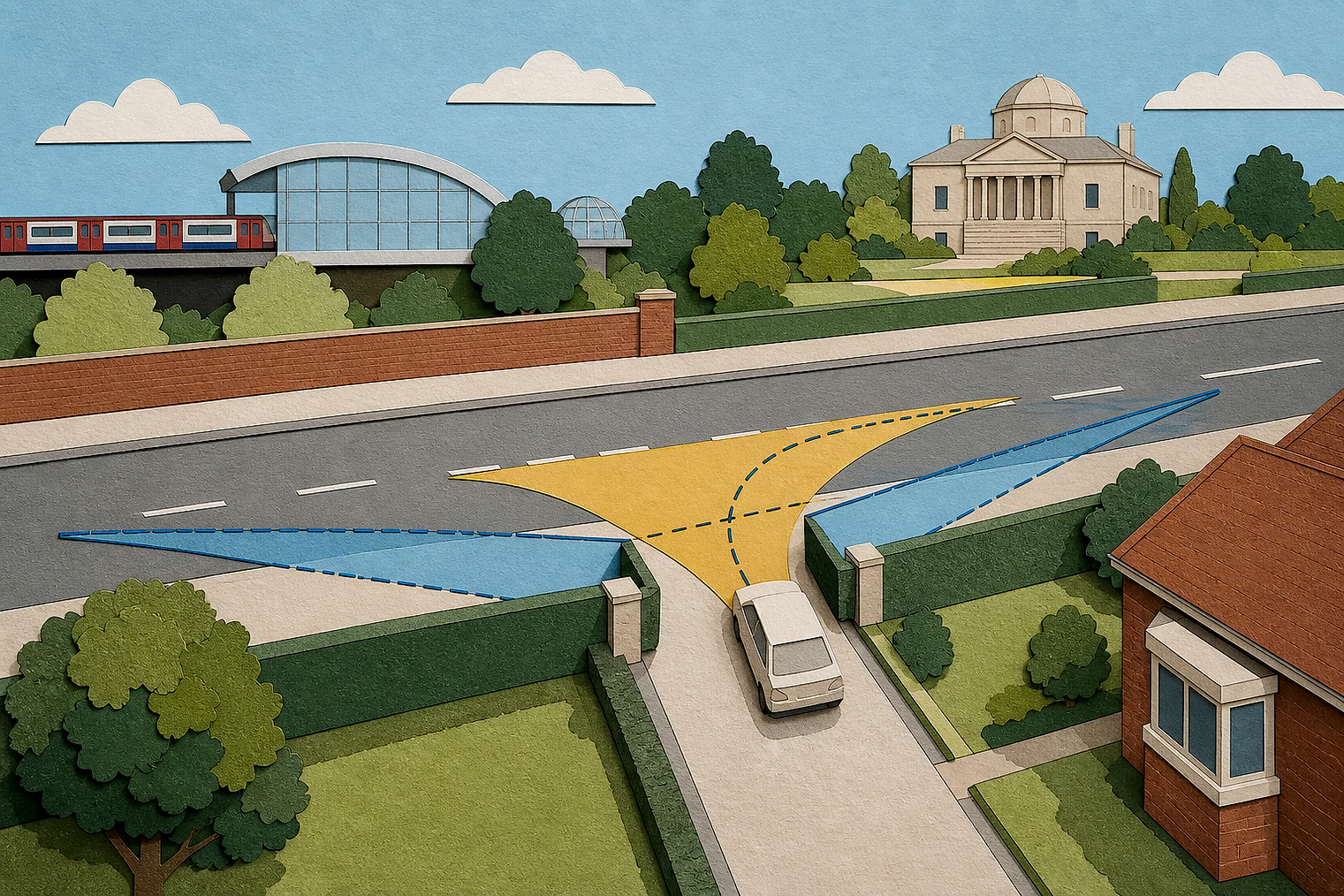 Cut-paper illustration of an imaginary access, visibility and highway safety planning issue in Hounslow, with simplified local landmarks.