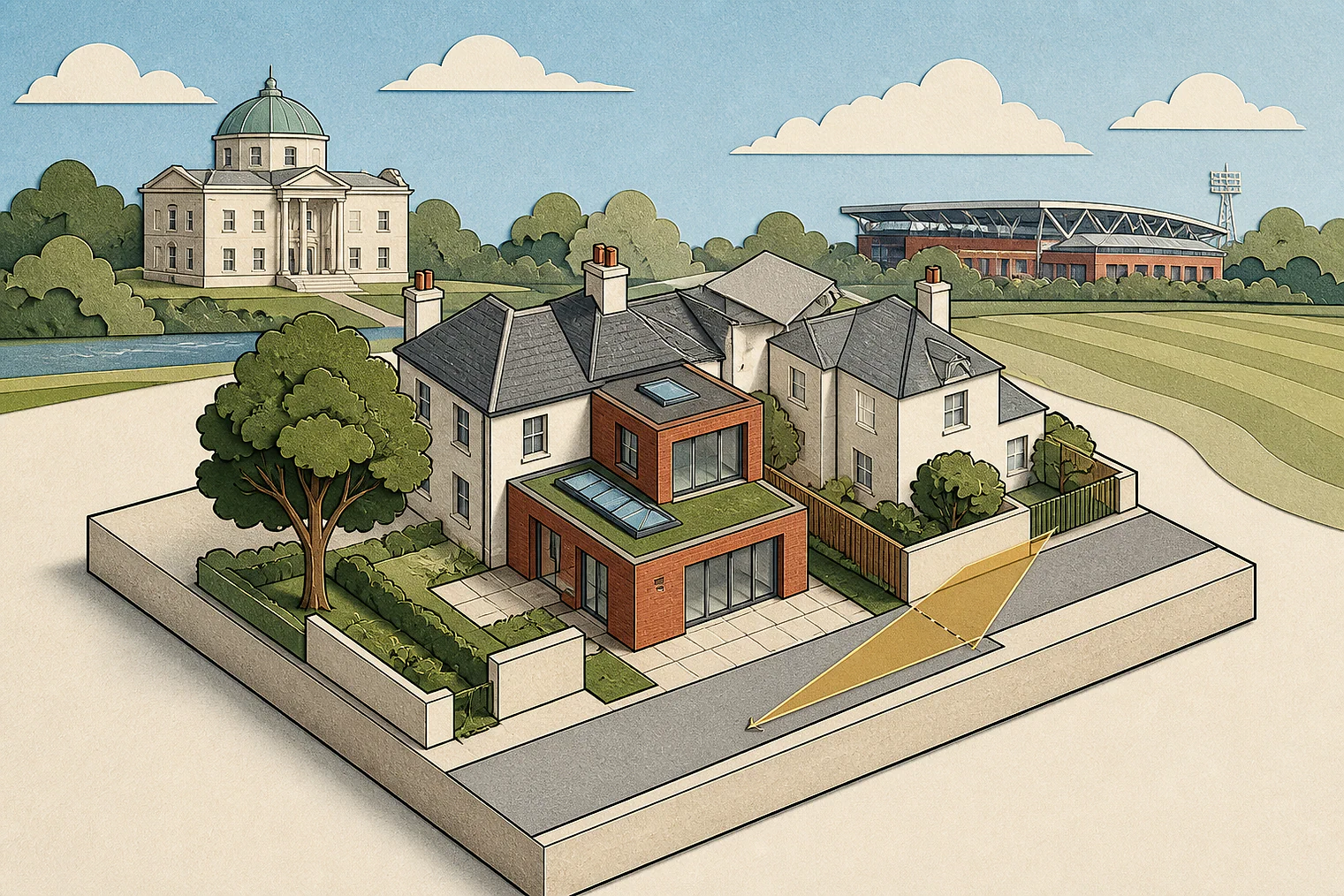 Cut-paper planning illustration for Hounslow, showing extensions, neighbours, access and open land near simplified local landmarks.