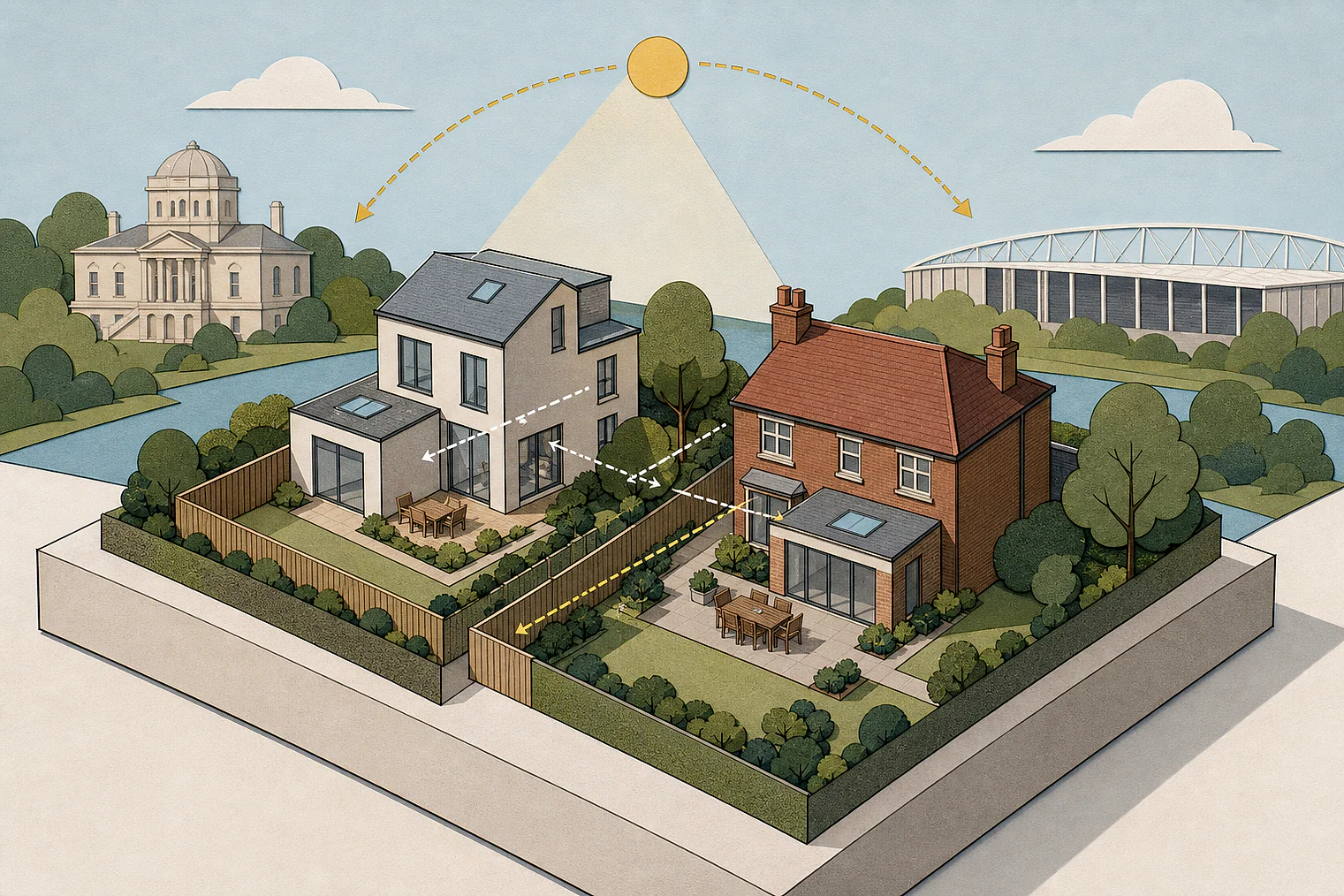 Cut-paper illustration of an imaginary privacy, daylight and neighbour living conditions planning issue in Hounslow, with simplified local landmarks.