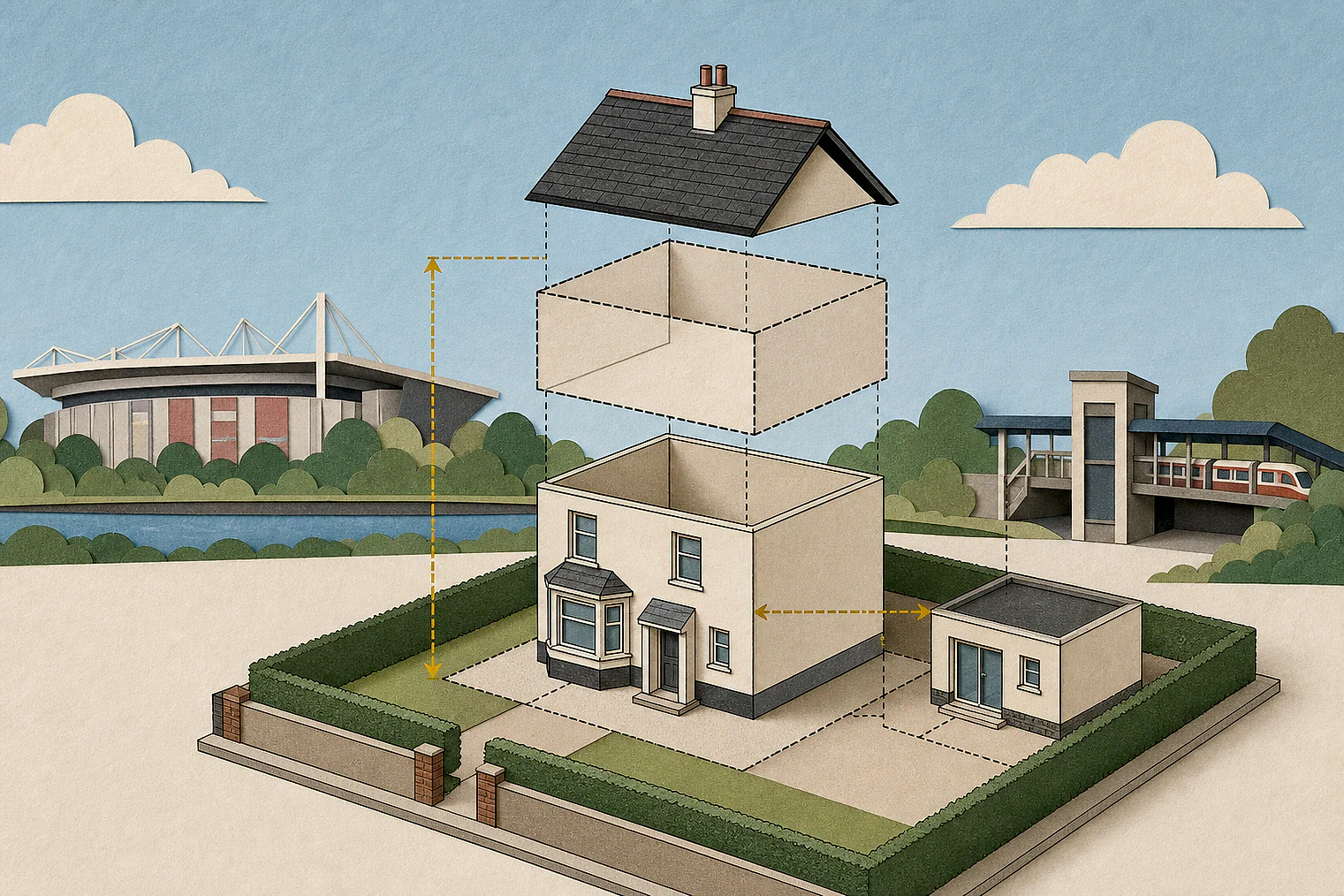 Cut-paper illustration of an imaginary permitted development dimensions and building relationships planning issue in Hounslow, with simplified local landmarks.