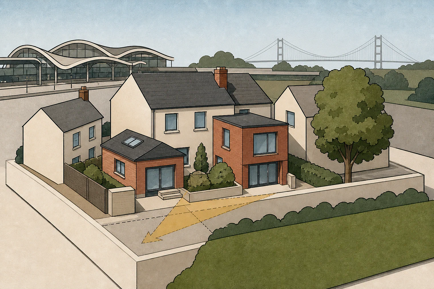Cut-paper planning illustration for Hull, showing extensions, neighbours, access and open land near simplified local landmarks.