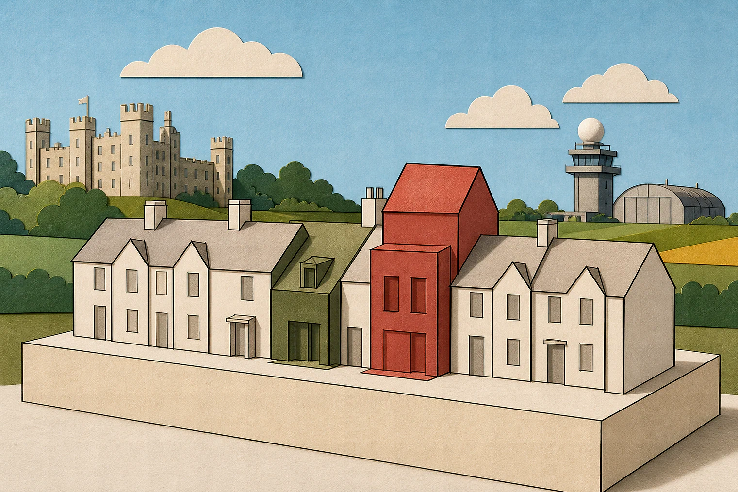 Cut-paper illustration of an imaginary character, scale and appearance planning issue in Huntingdonshire, with simplified local landmarks.
