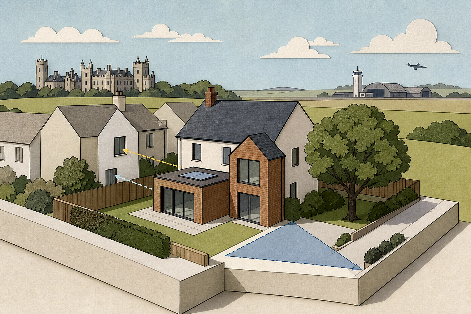 Cut-paper planning illustration for Huntingdonshire, showing extensions, neighbours, access and open land near simplified local landmarks.