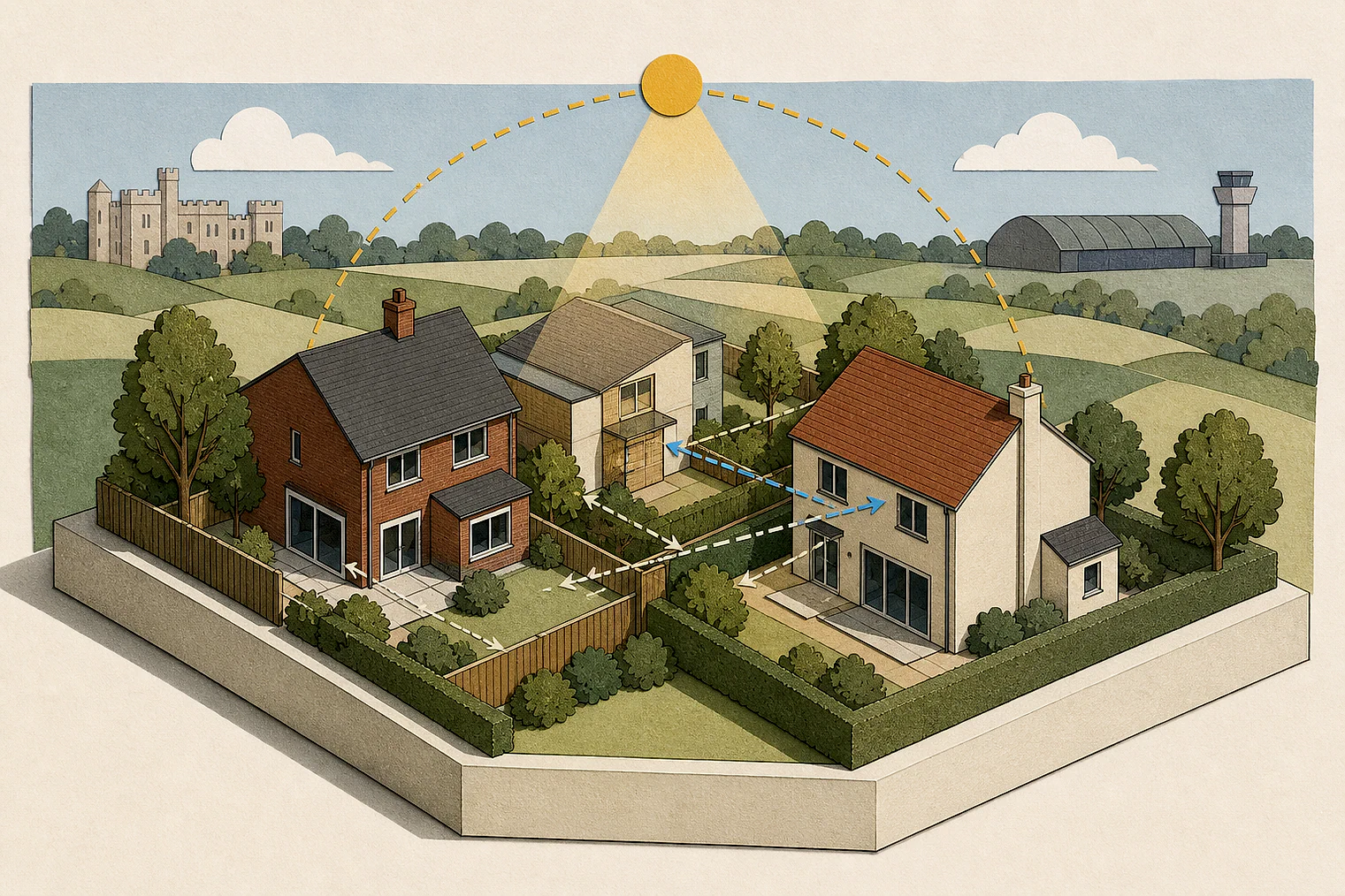 Cut-paper illustration of an imaginary privacy, daylight and neighbour living conditions planning issue in Huntingdonshire, with simplified local landmarks.