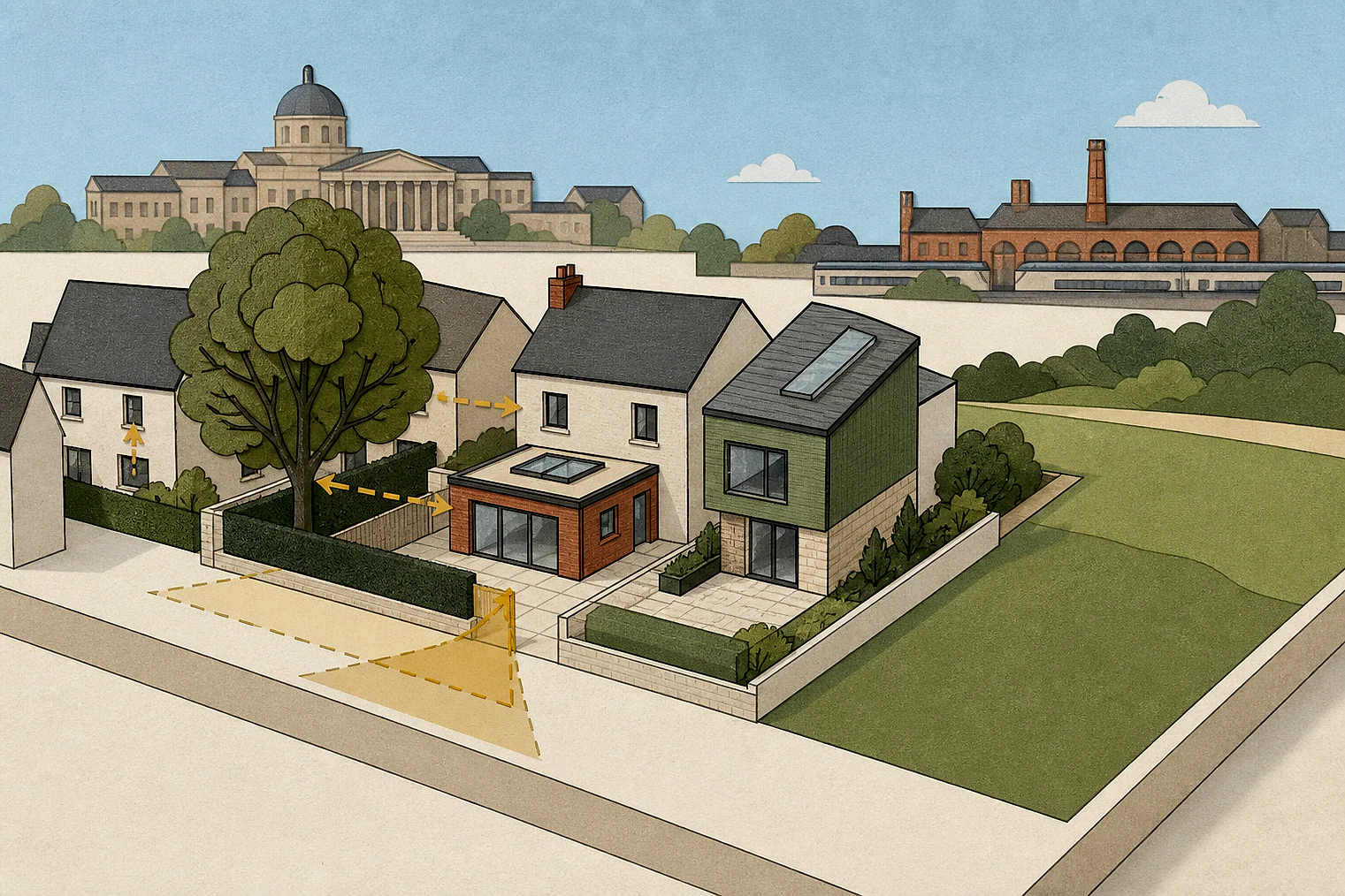 Cut-paper planning illustration for Hyndburn, showing extensions, neighbours, access and open land near simplified local landmarks.