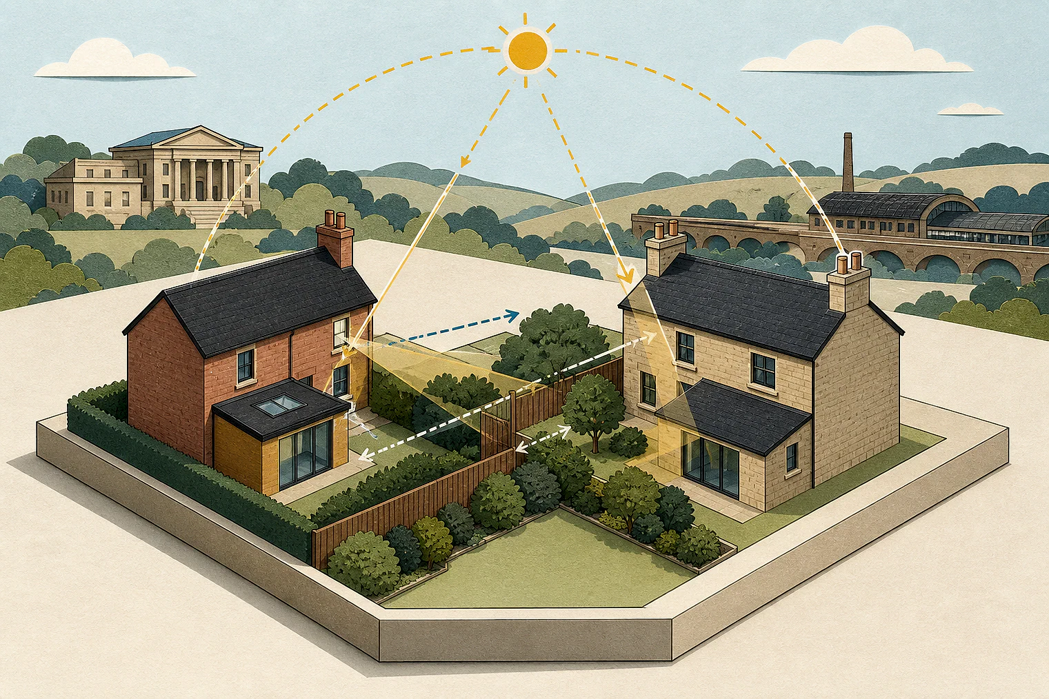 Cut-paper illustration of an imaginary privacy, daylight and neighbour living conditions planning issue in Hyndburn, with simplified local landmarks.