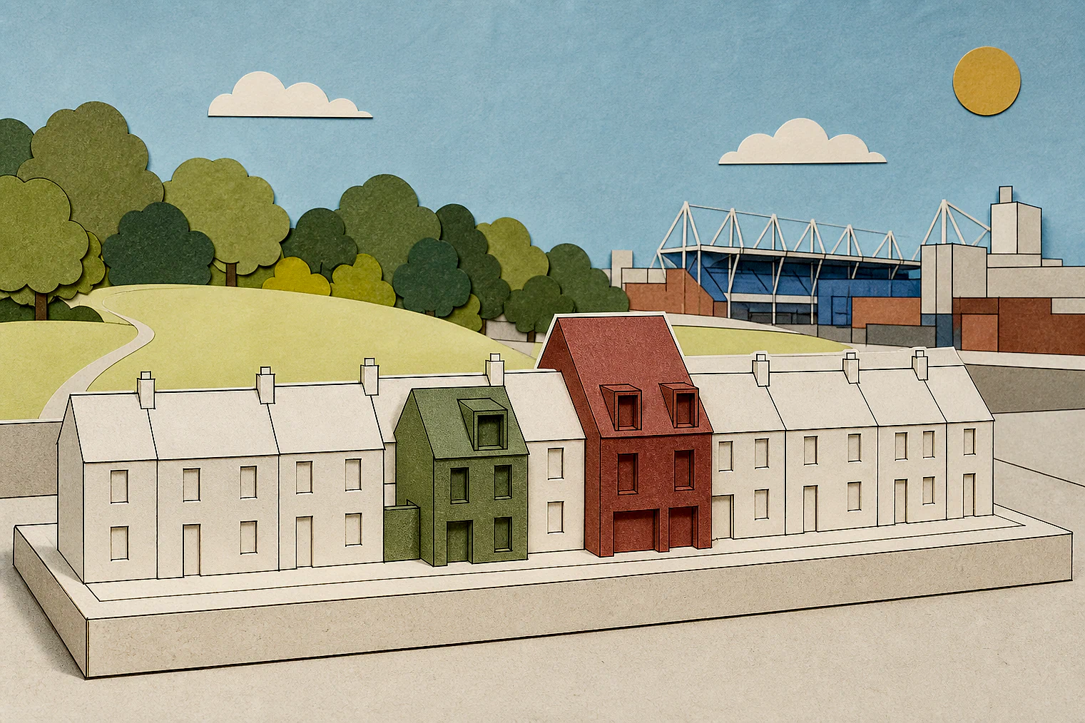 Cut-paper illustration of an imaginary character, scale and appearance planning issue in Ipswich, with simplified local landmarks.