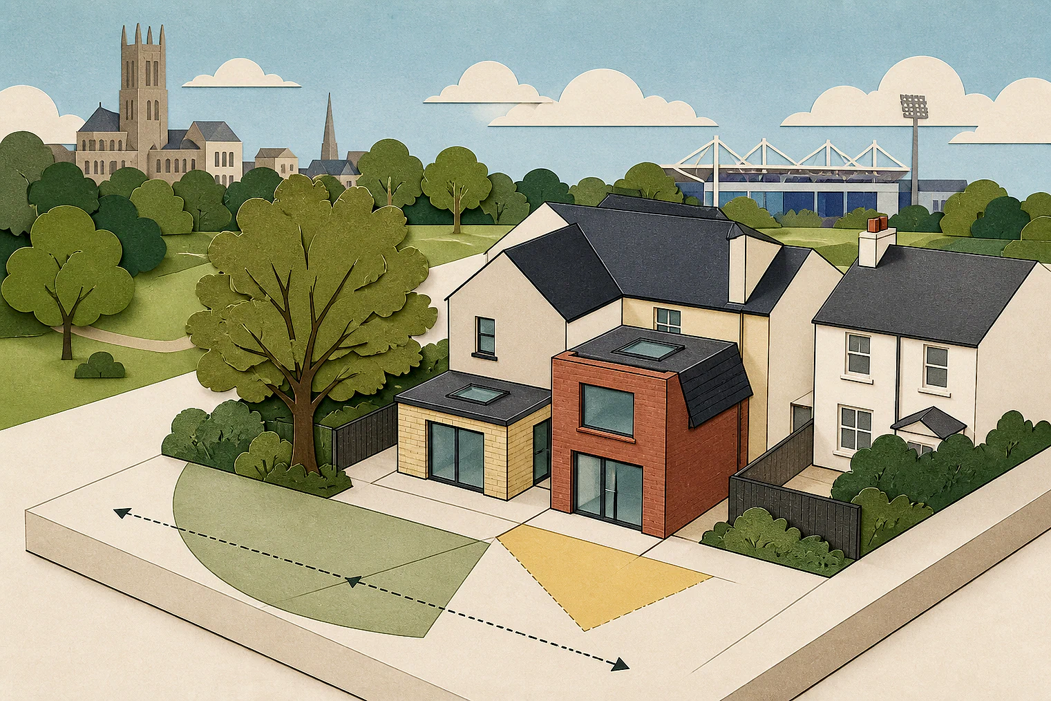 Cut-paper planning illustration for Ipswich, showing extensions, neighbours, access and open land near simplified local landmarks.