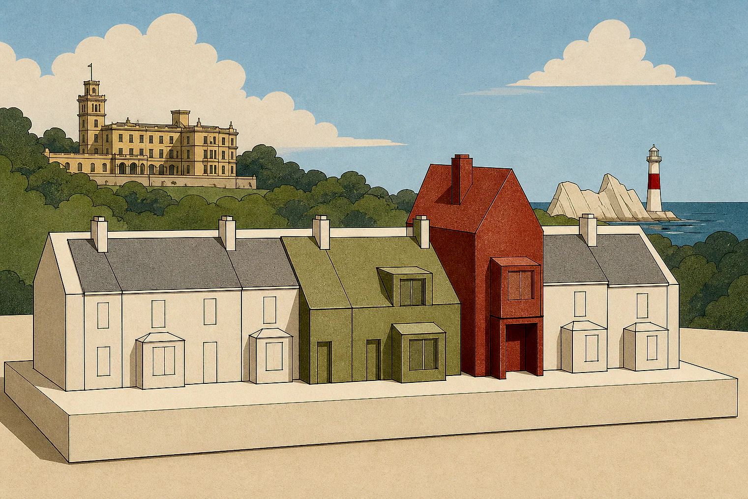 Cut-paper illustration of an imaginary character, scale and appearance planning issue in Isle of Wight, with simplified local landmarks.