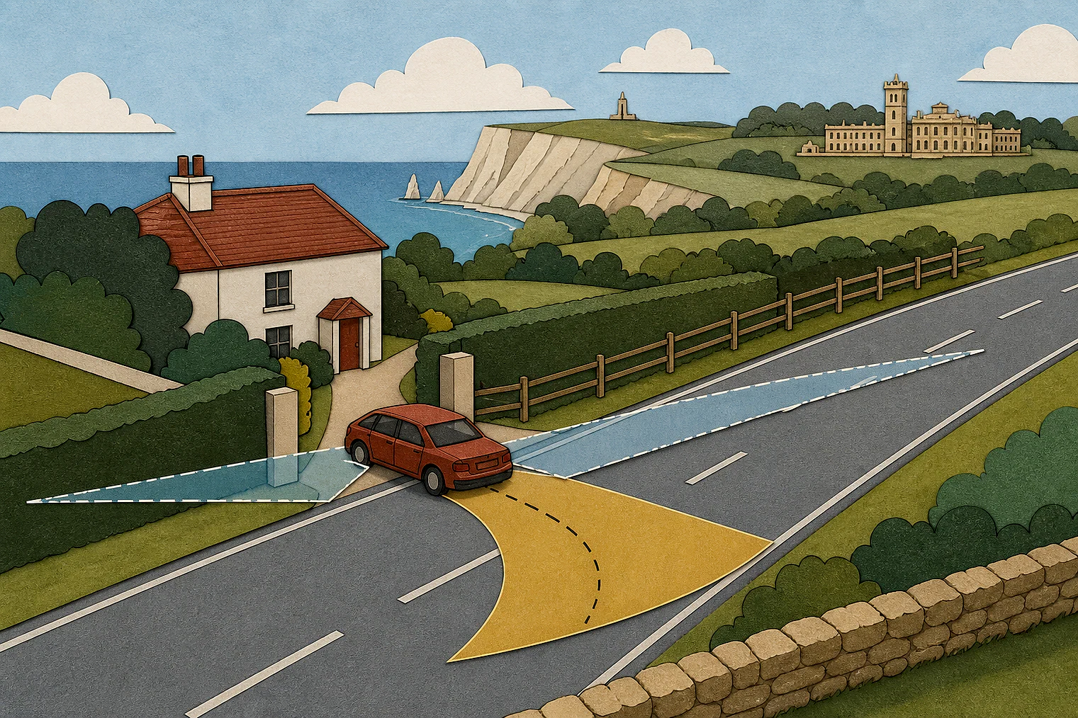 Cut-paper illustration of an imaginary access, visibility and highway safety planning issue in Isle of Wight, with simplified local landmarks.