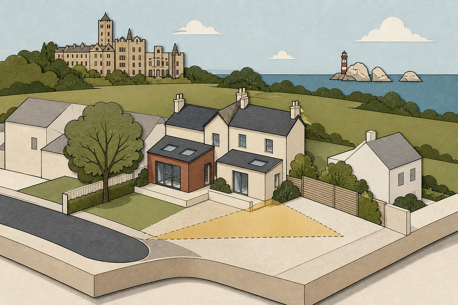 Cut-paper planning illustration for Isle of Wight, showing extensions, neighbours, access and open land near simplified local landmarks.