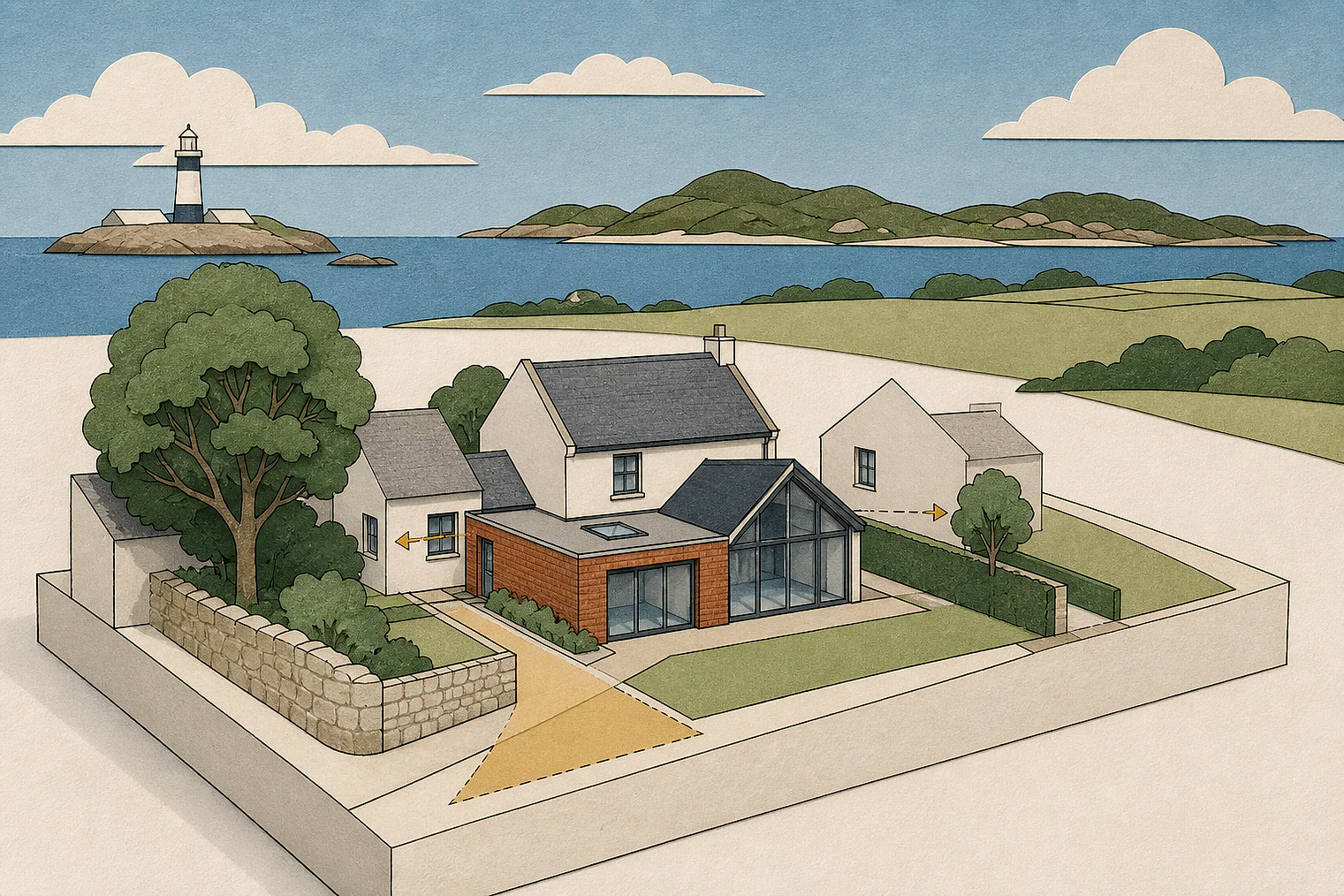 Cut-paper planning illustration for Council of the Isles of Scilly, showing extensions, neighbours, access and open land near simplified local landmarks.