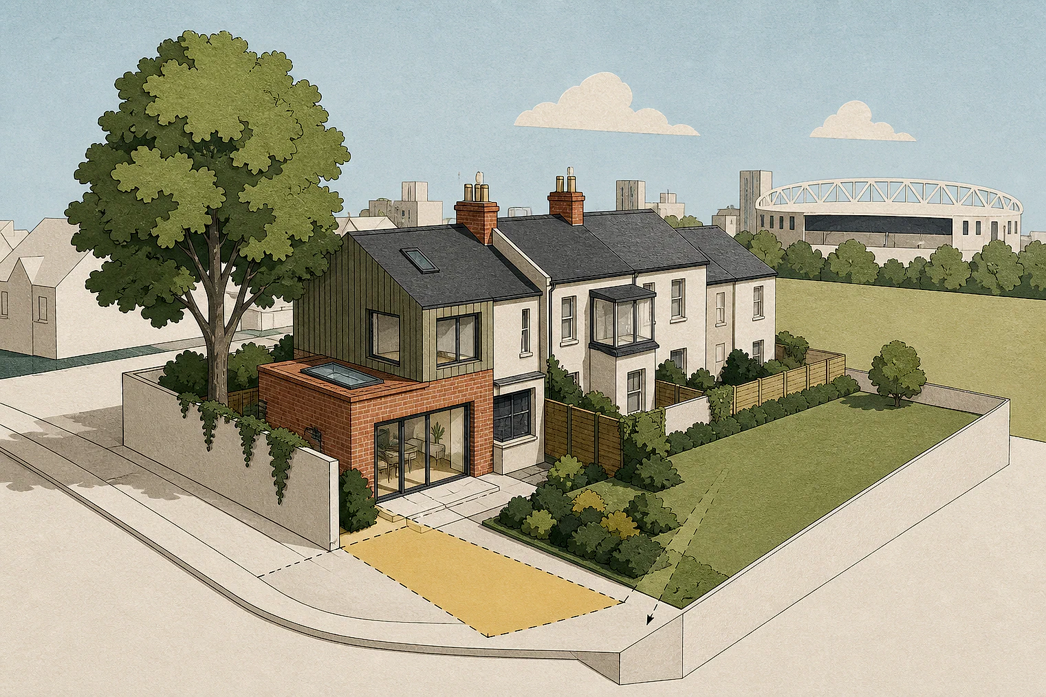 Cut-paper planning illustration for Islington, showing extensions, neighbours, access and open land near simplified local landmarks.