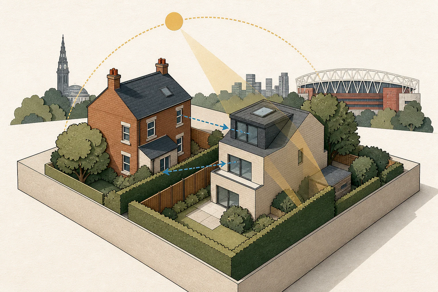 Cut-paper illustration of an imaginary privacy, daylight and neighbour living conditions planning issue in Islington, with simplified local landmarks.