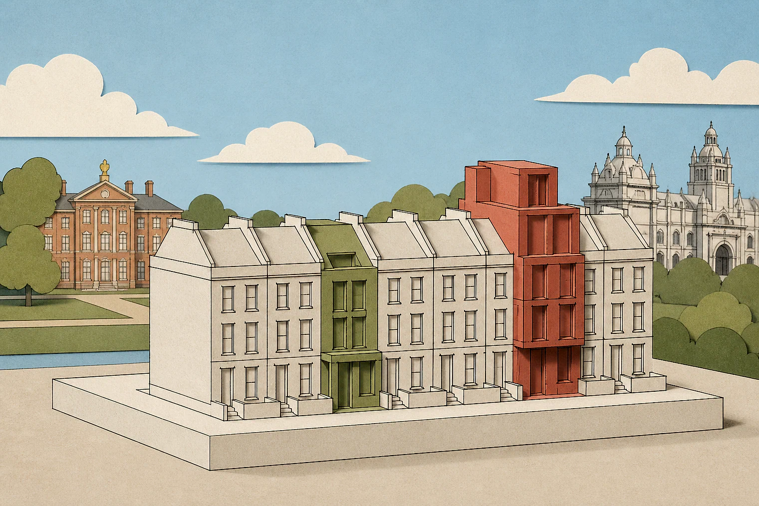 Cut-paper illustration of an imaginary character, scale and appearance planning issue in Kensington and Chelsea, with simplified local landmarks.