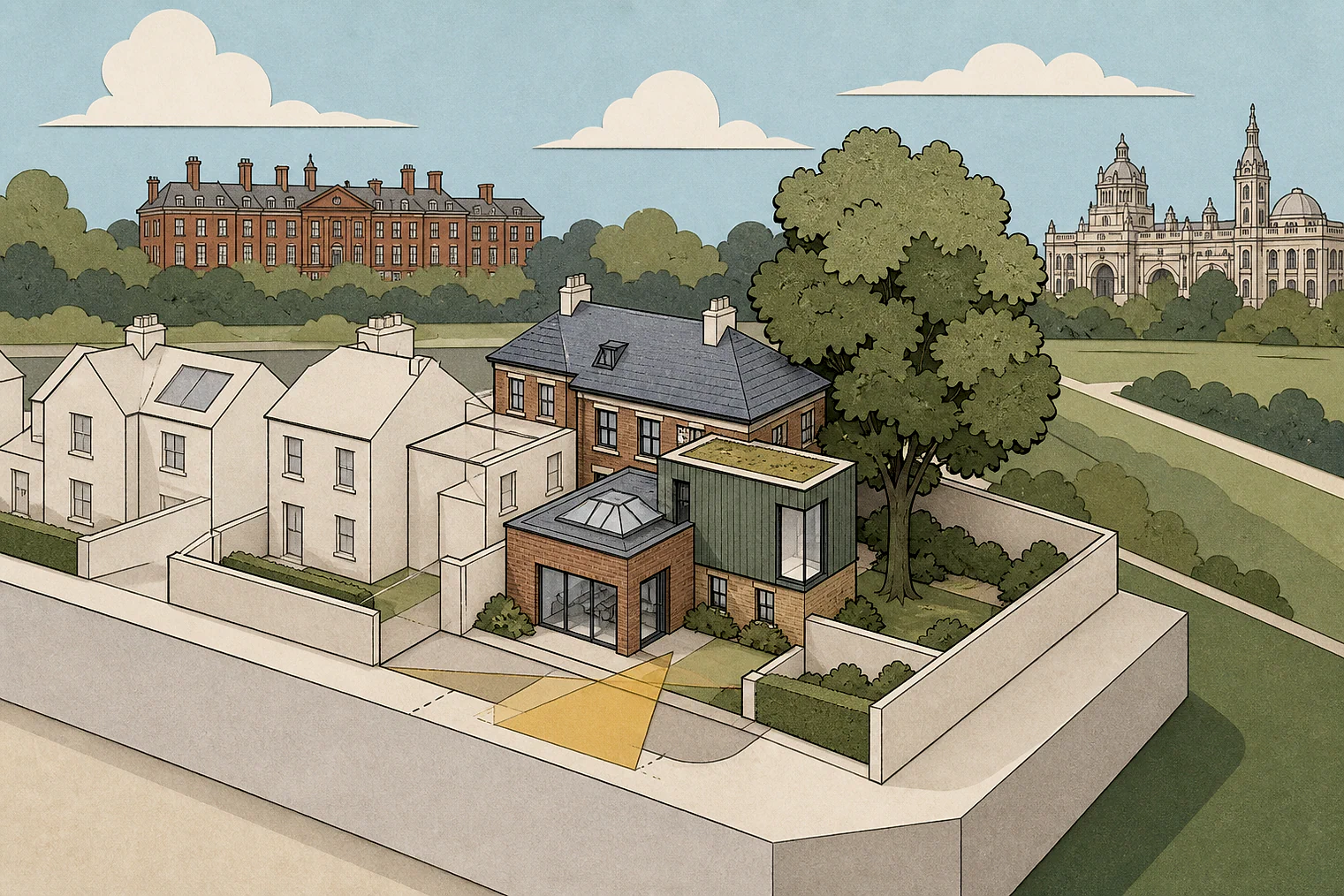 Cut-paper planning illustration for Kensington and Chelsea, showing extensions, neighbours, access and open land near simplified local landmarks.