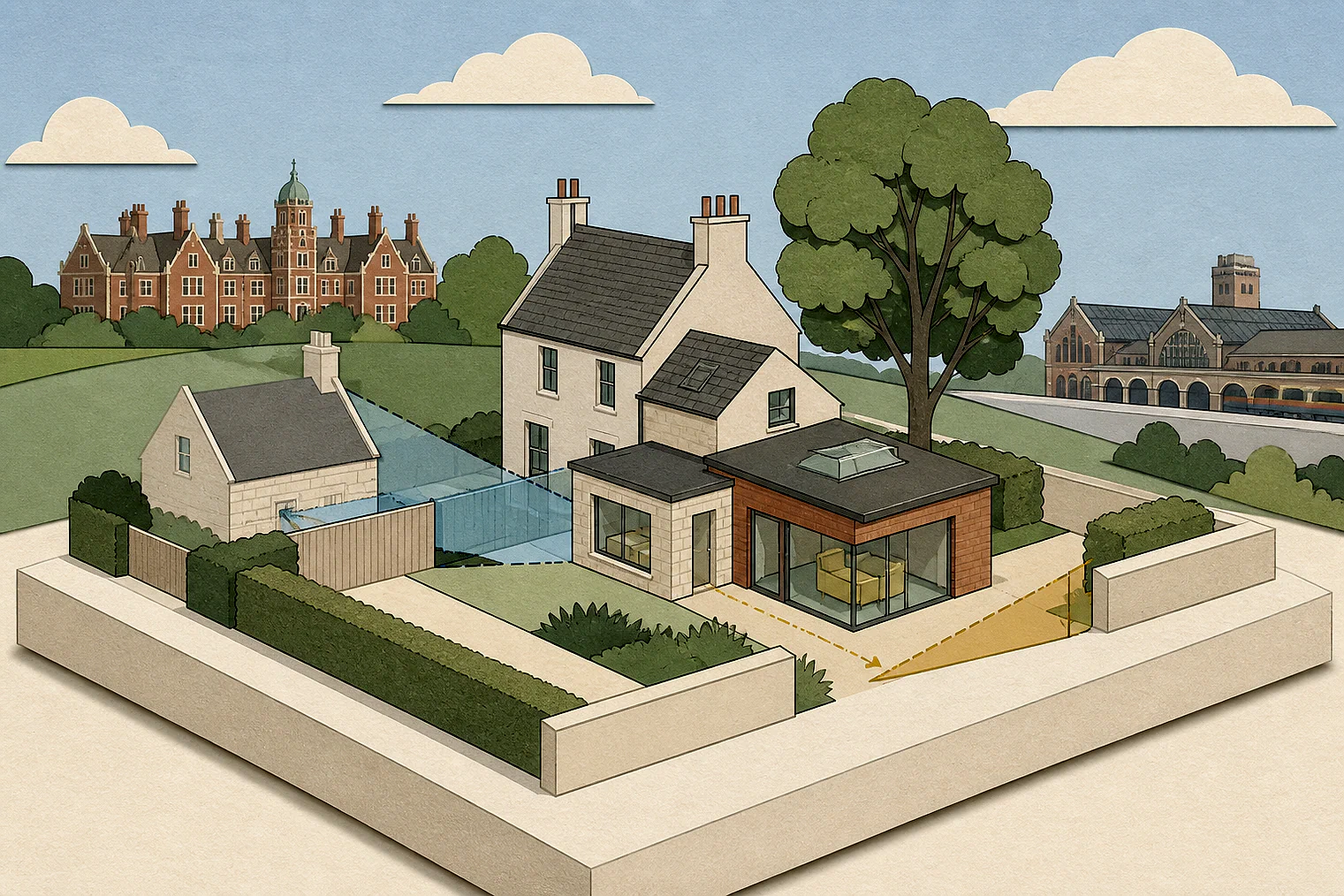 Cut-paper planning illustration for King's Lynn and West Norfolk, showing extensions, neighbours, access and open land near simplified local landmarks.