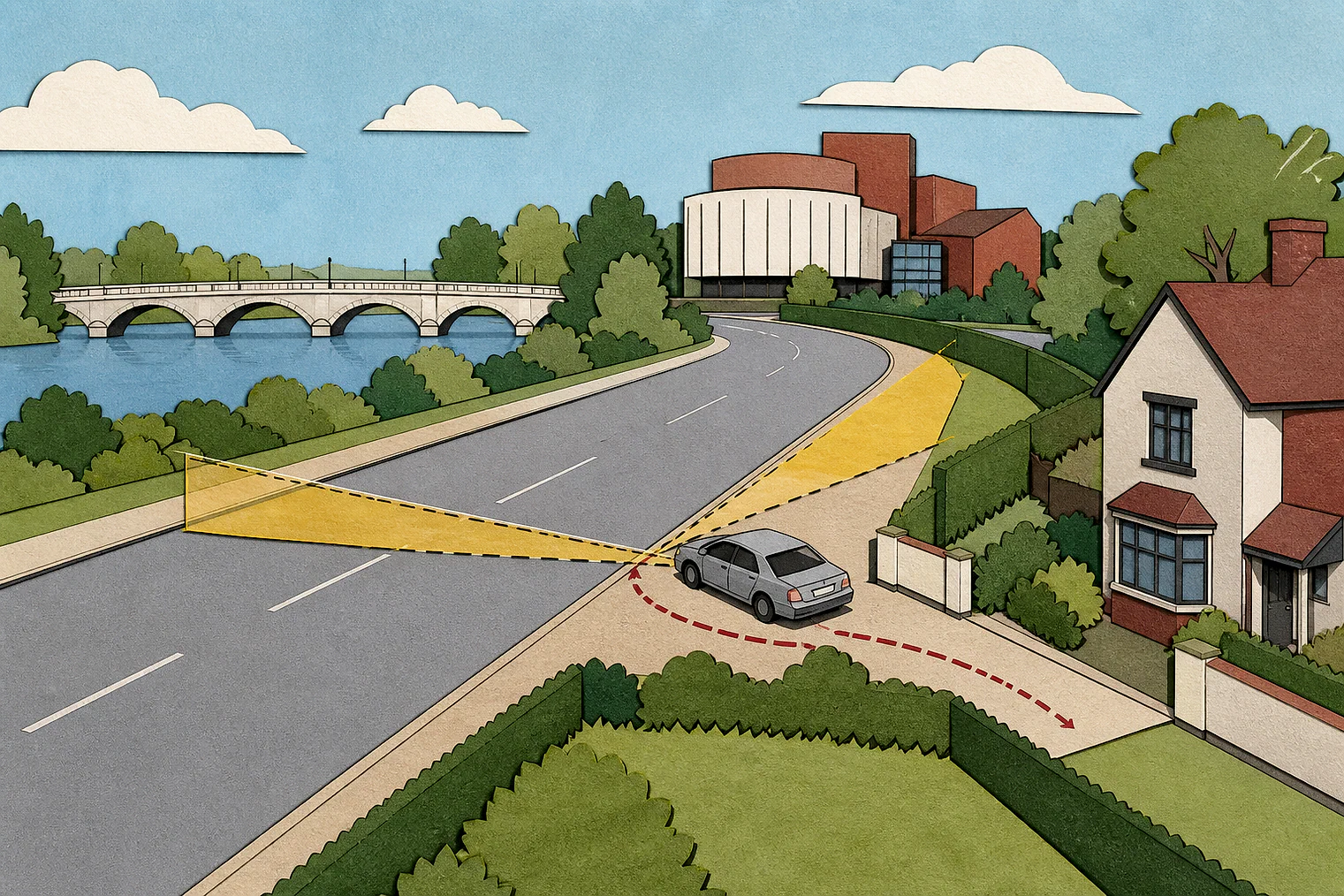 Cut-paper illustration of an imaginary access, visibility and highway safety planning issue in Kingston upon Thames, with simplified local landmarks.