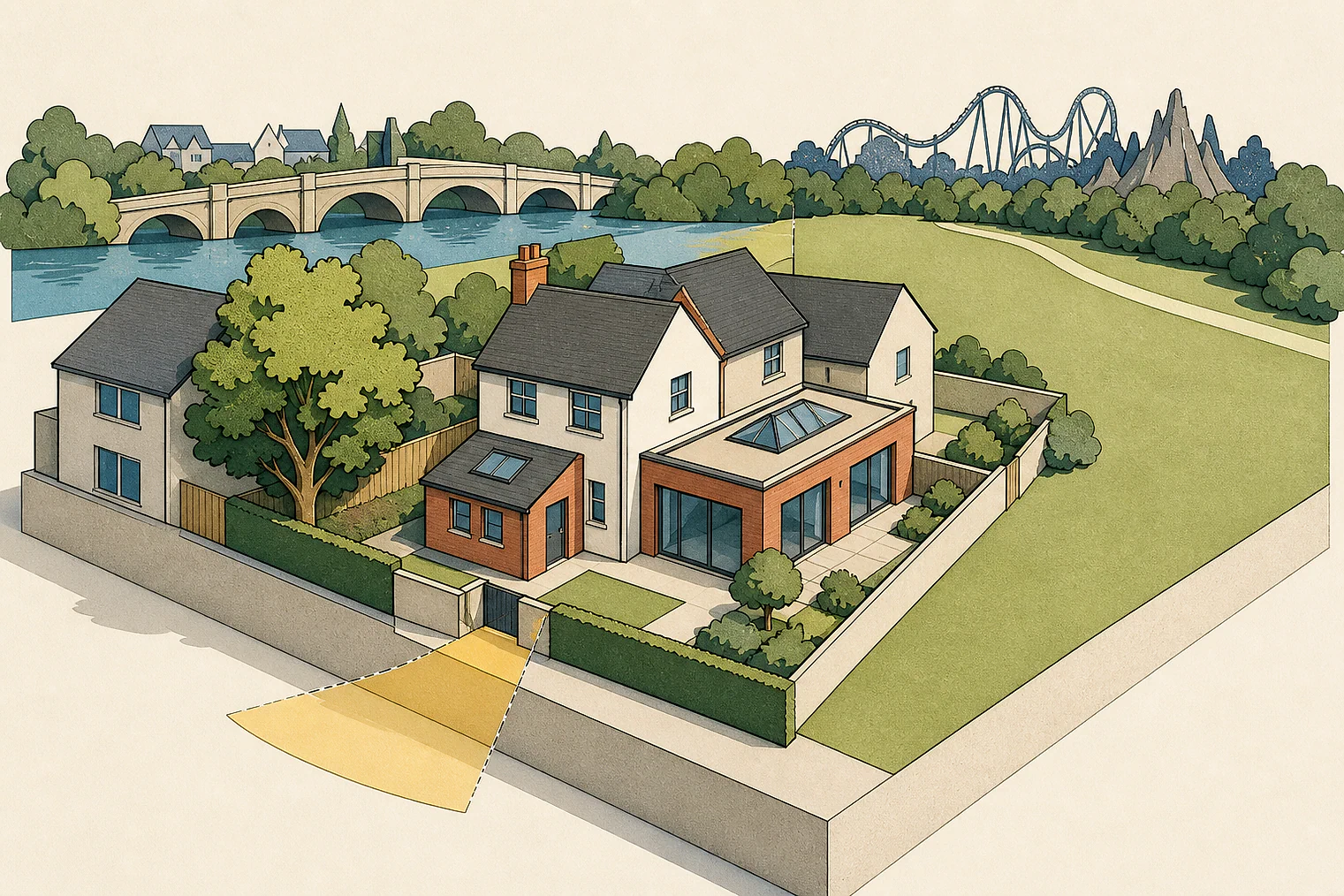 Cut-paper planning illustration for Kingston upon Thames, showing extensions, neighbours, access and open land near simplified local landmarks.