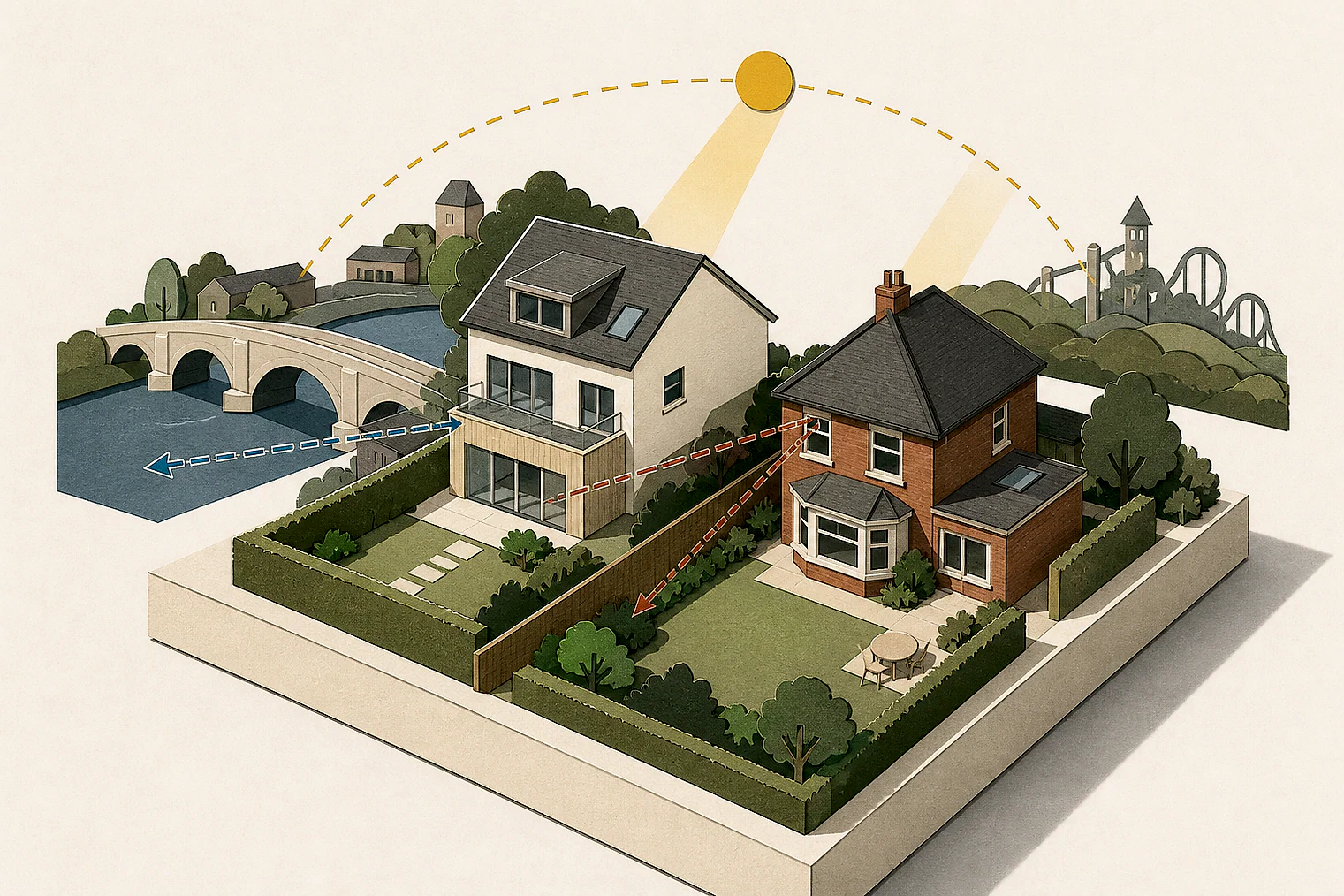 Cut-paper illustration of an imaginary privacy, daylight and neighbour living conditions planning issue in Kingston upon Thames, with simplified local landmarks.