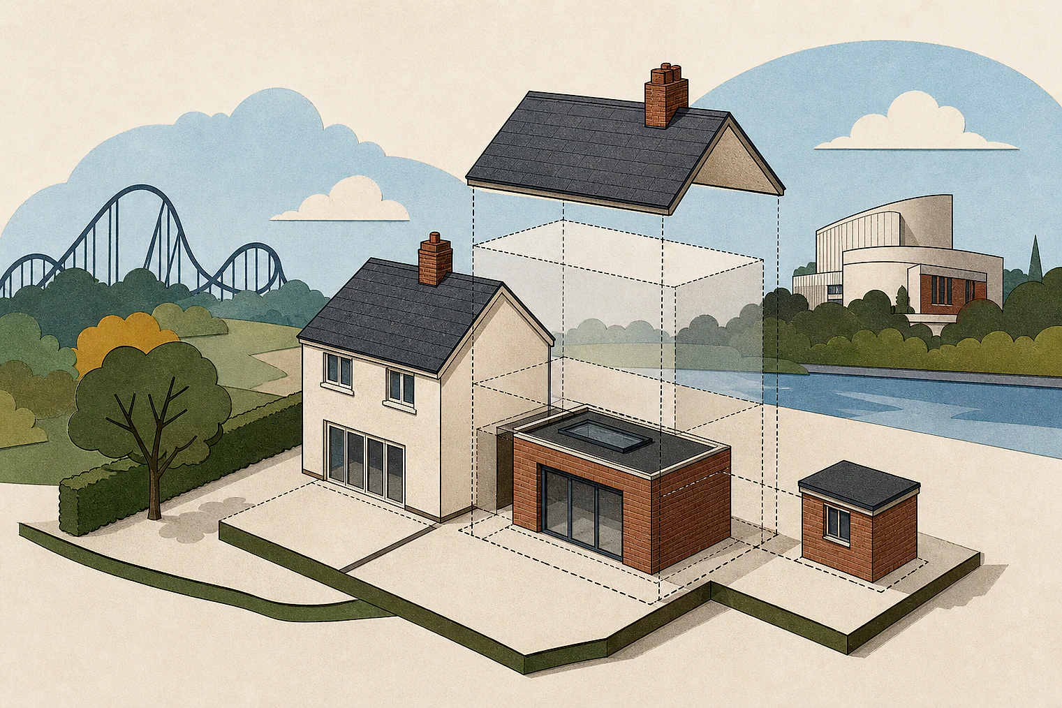 Cut-paper illustration of an imaginary permitted development dimensions and building relationships planning issue in Kingston upon Thames, with simplified local landmarks.