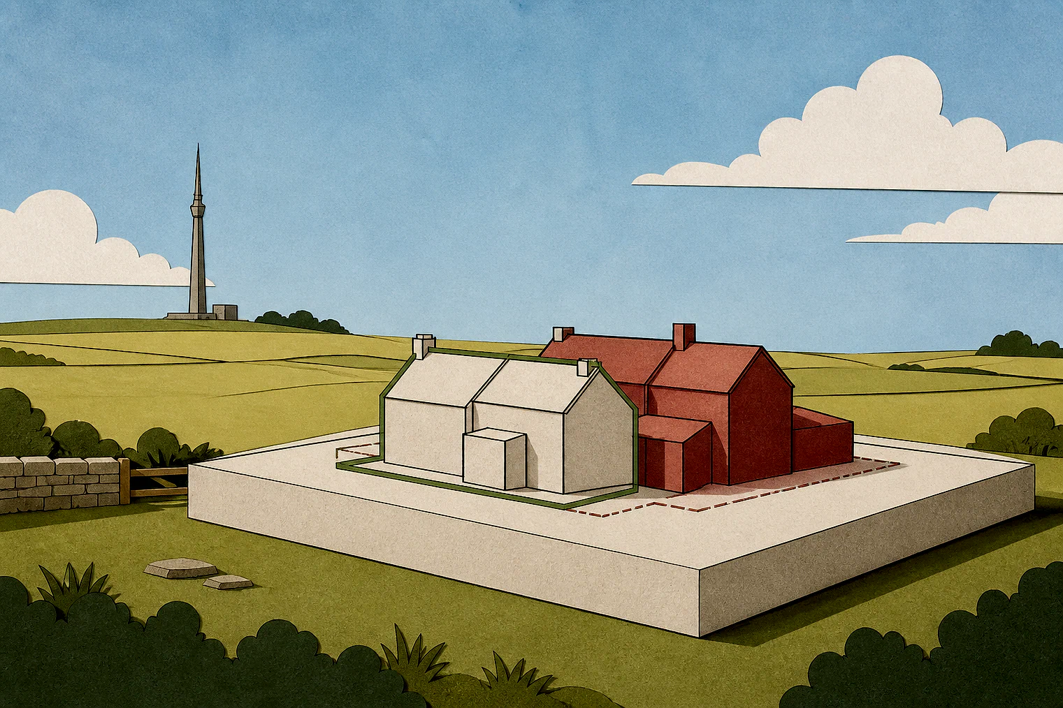 Cut-paper illustration of an imaginary building scale and Green Belt openness planning issue in Kirklees, with simplified local landmarks.