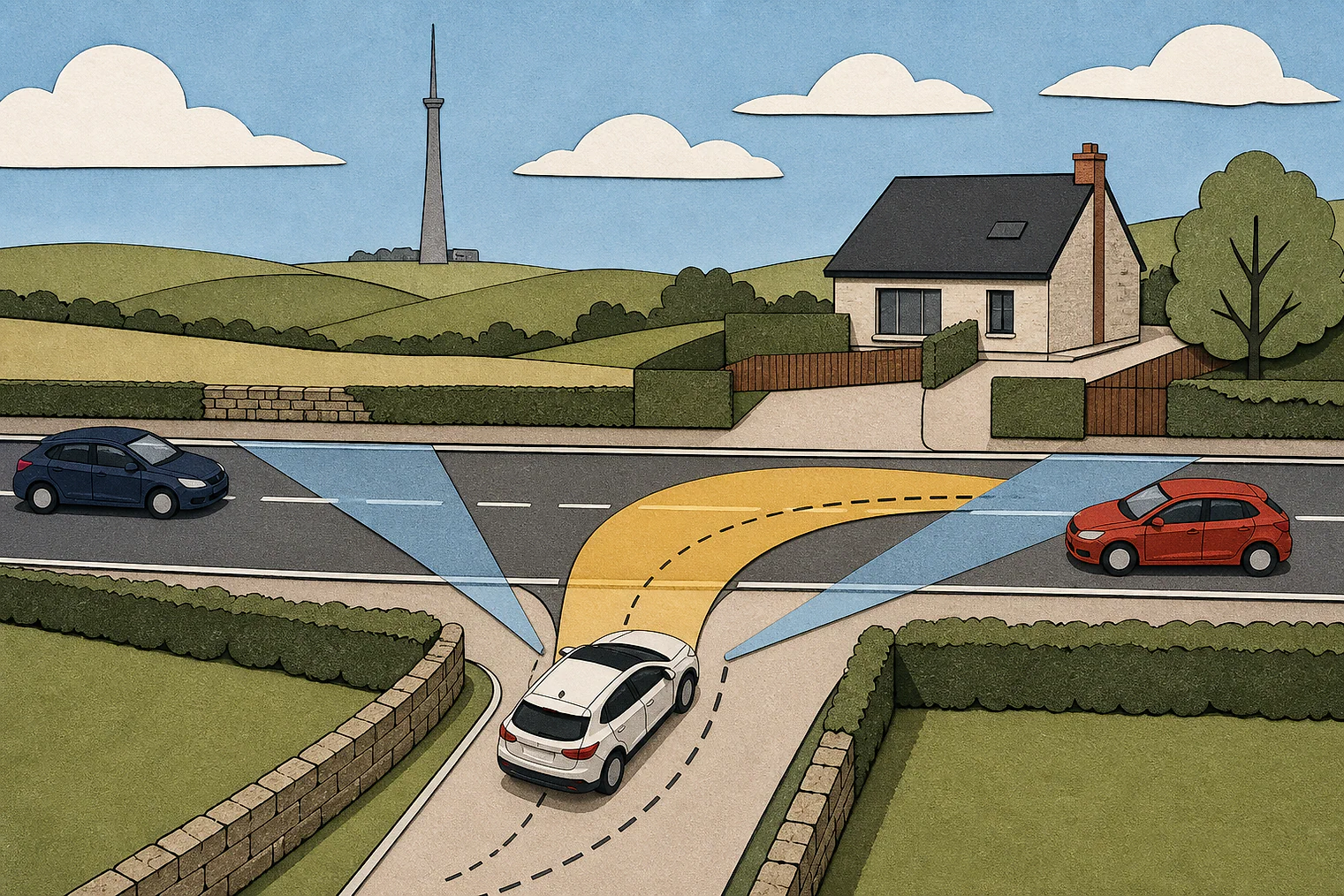 Cut-paper illustration of an imaginary access, visibility and highway safety planning issue in Kirklees, with simplified local landmarks.