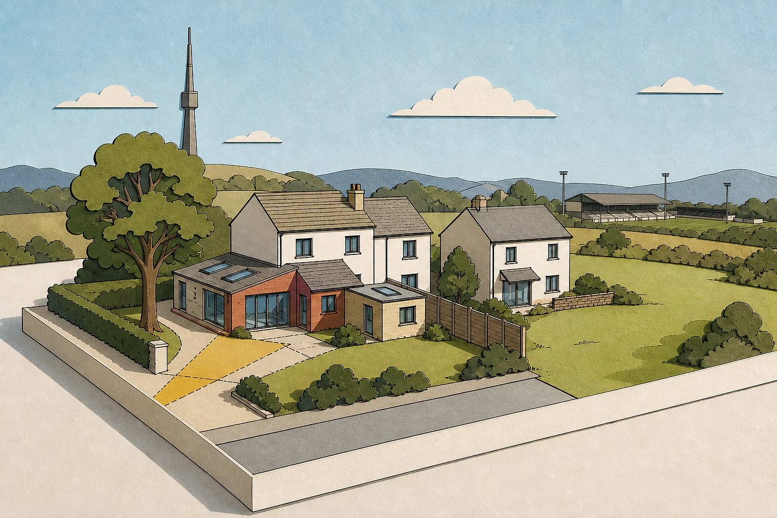 Cut-paper planning illustration for Kirklees, showing extensions, neighbours, access and open land near simplified local landmarks.