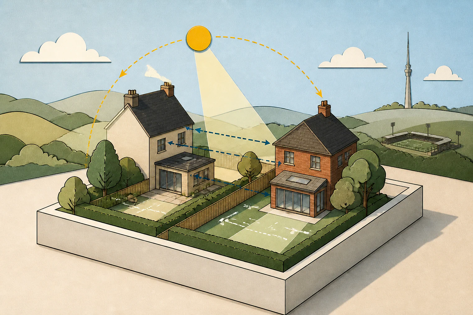 Cut-paper illustration of an imaginary privacy, daylight and neighbour living conditions planning issue in Kirklees, with simplified local landmarks.