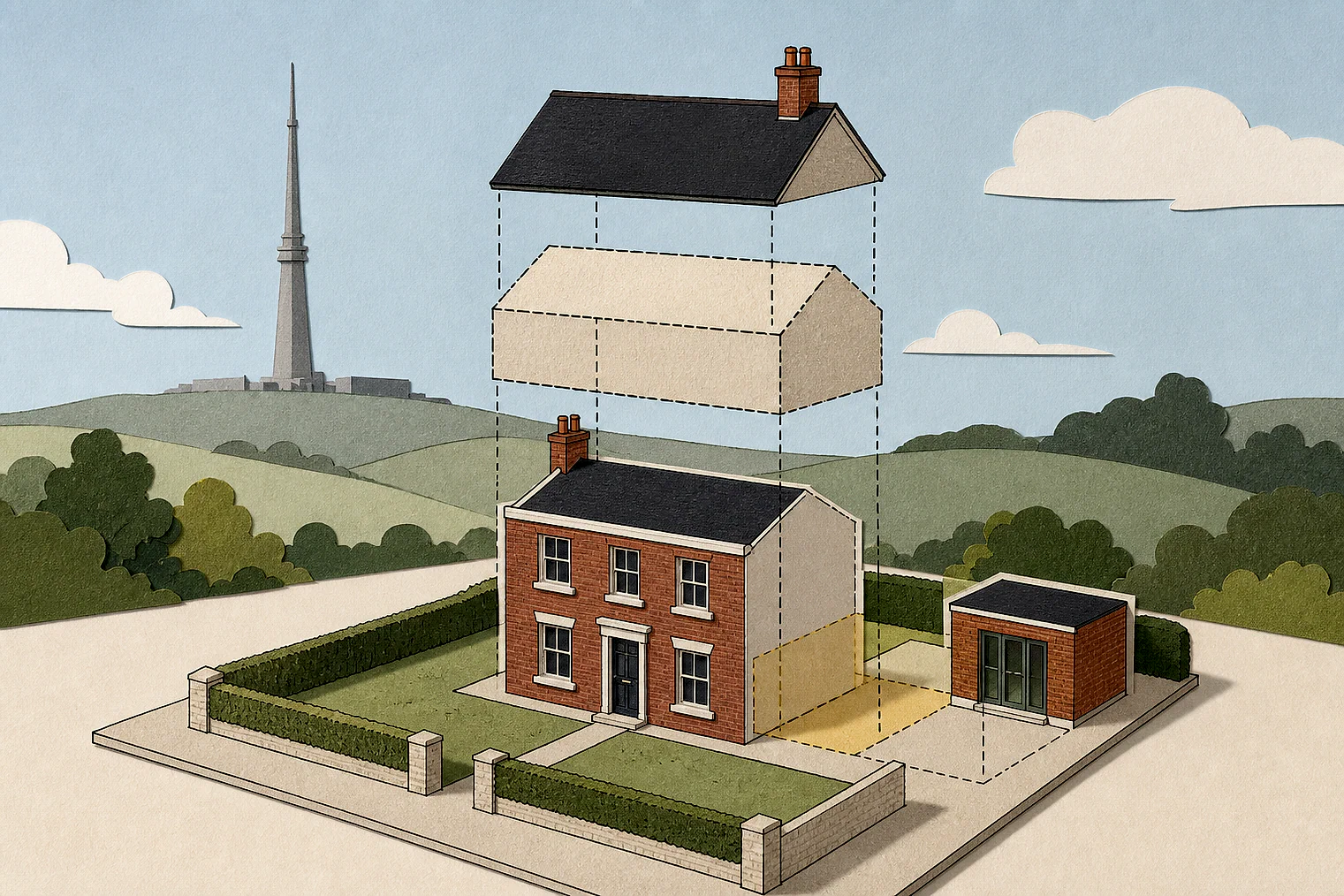 Cut-paper illustration of an imaginary permitted development dimensions and building relationships planning issue in Kirklees, with simplified local landmarks.
